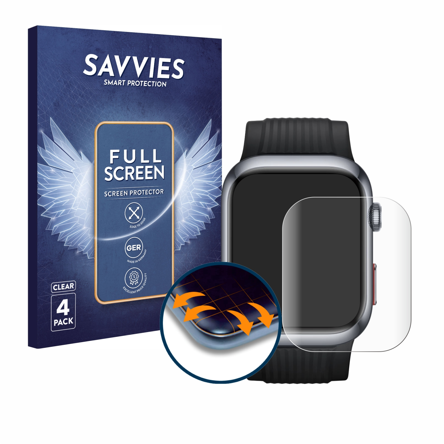 Eine Displayschutzfolienbox und eine Smartwatch mit aufgebrachter Schutzfolie auf dem Bildschirm.