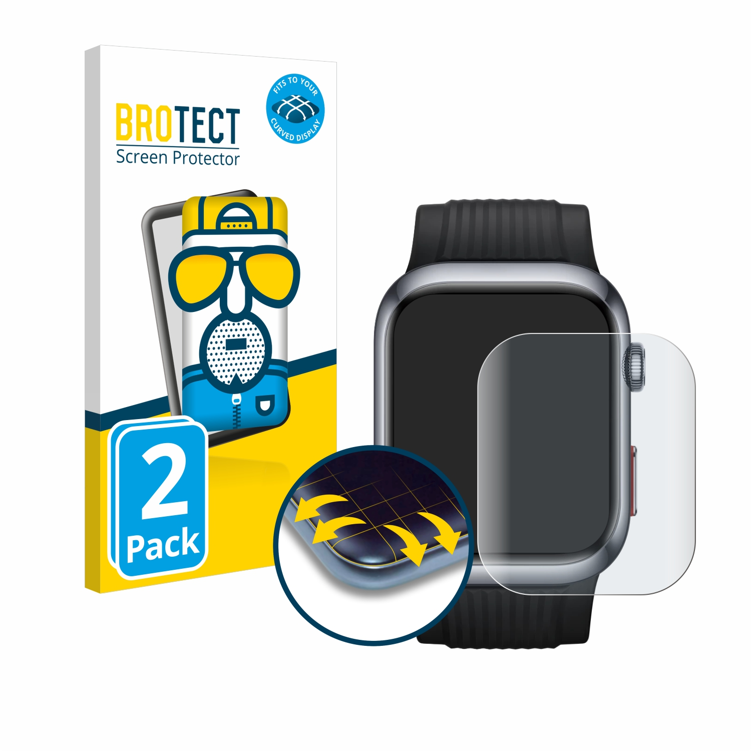 Displayschutzbox, Smartwatch und eine Displayschutzfolie. Die Box ist gelb und weiß. Uhr und Schutzfolie sind dunkel.