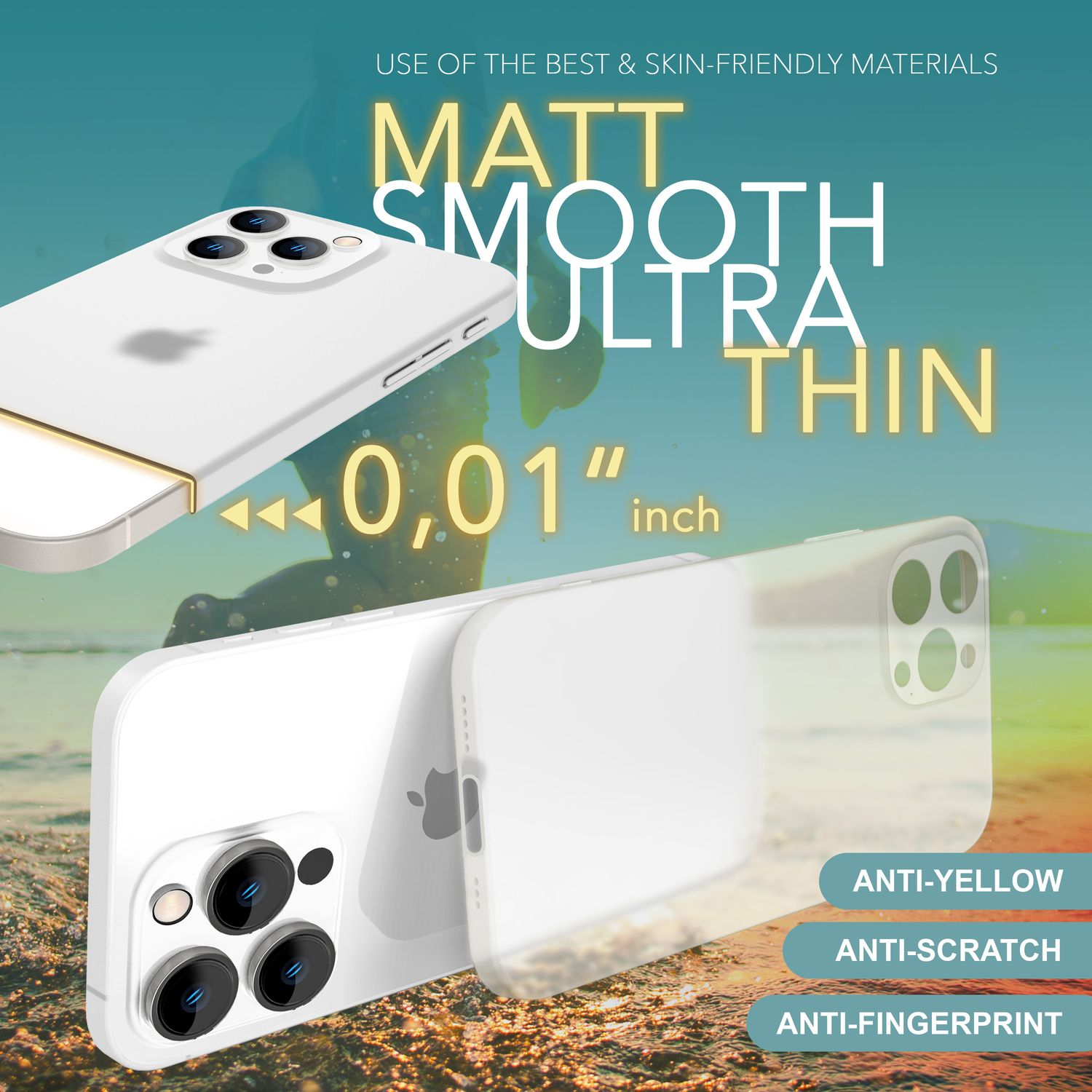 Weißes Telefon mit transparenter Hülle, Text: "Matt Smooth Ultra Thin".