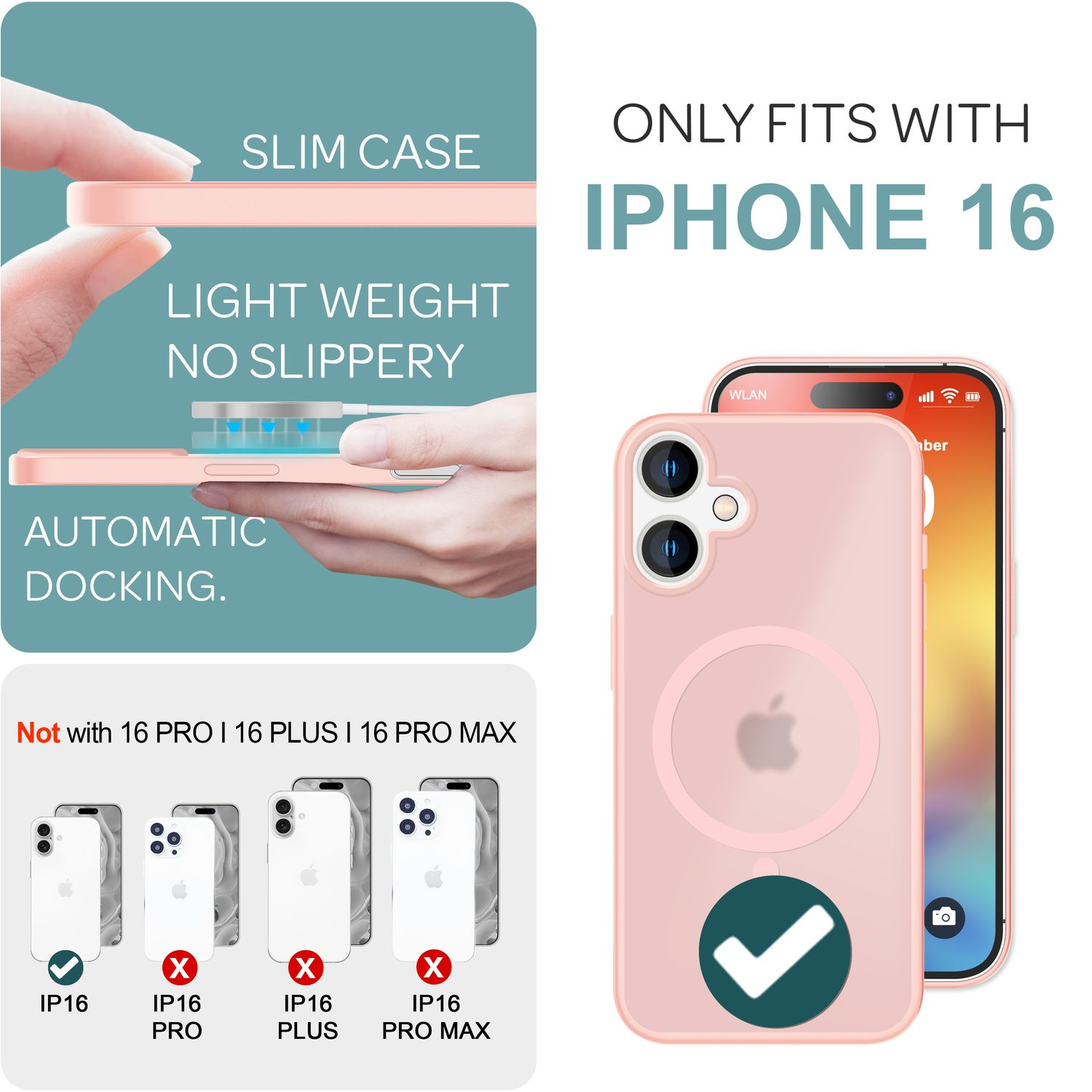 Werbebild für iPhone-Hülle. Text lautet: SLIM CASE, LIGHT WEIGHT, AUTOMATIC DOCKING und iPhone 16.