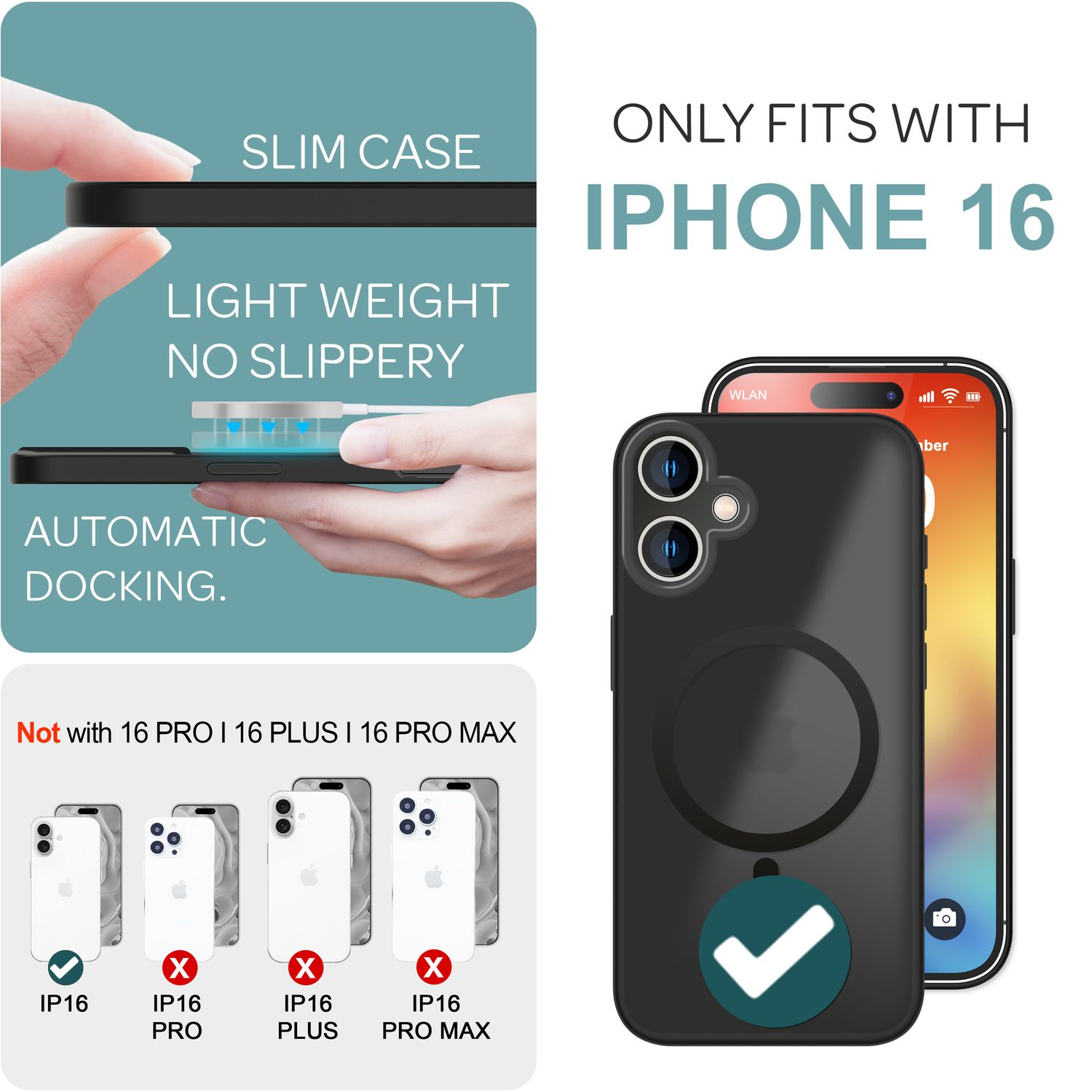 Ein iPhone 16-Gehäuse und ein iPhone 16 werden gezeigt. Text besagt, dass es nur für iPhone 16 passt.