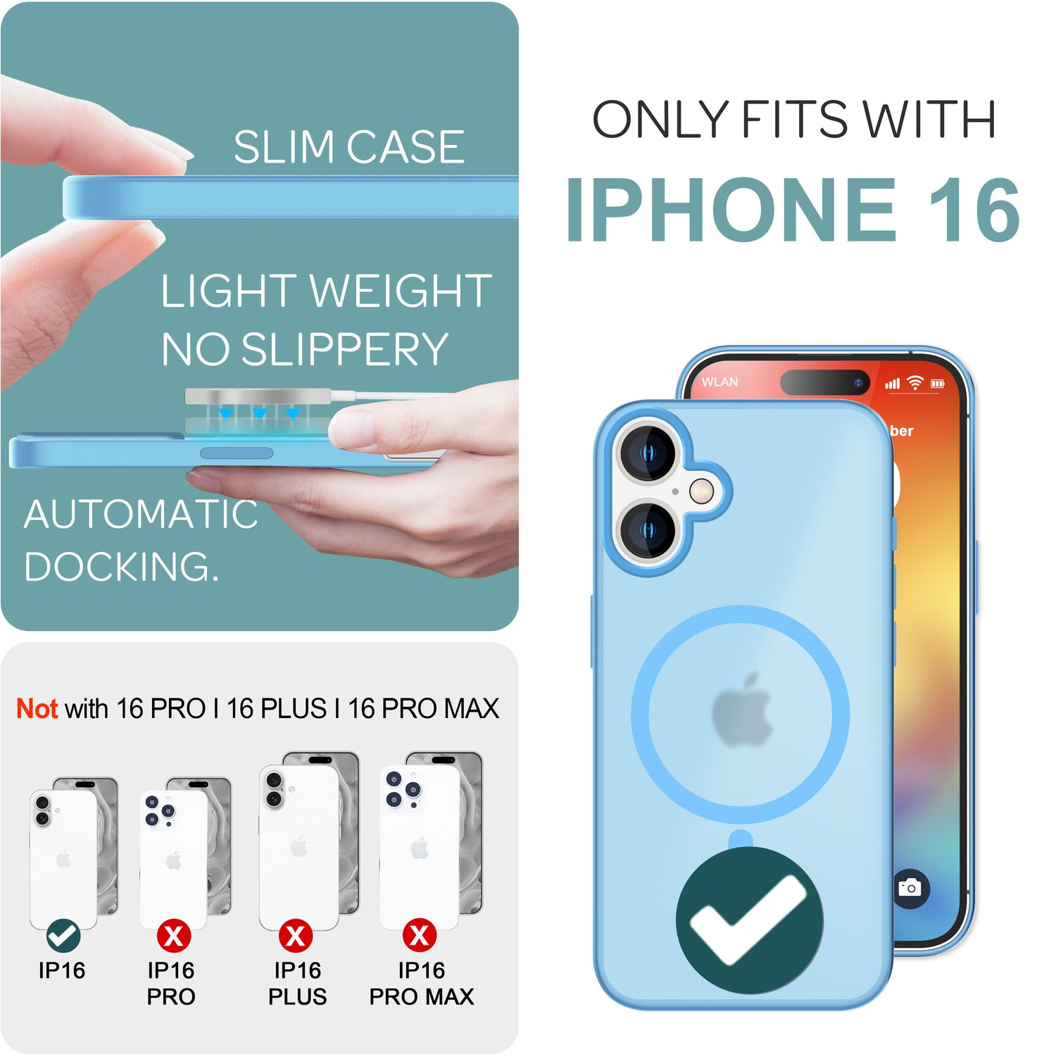 Blaue Handyhülle mit iPhone 16 und Telefonmodellen. Text zeigt Kompatibilität.