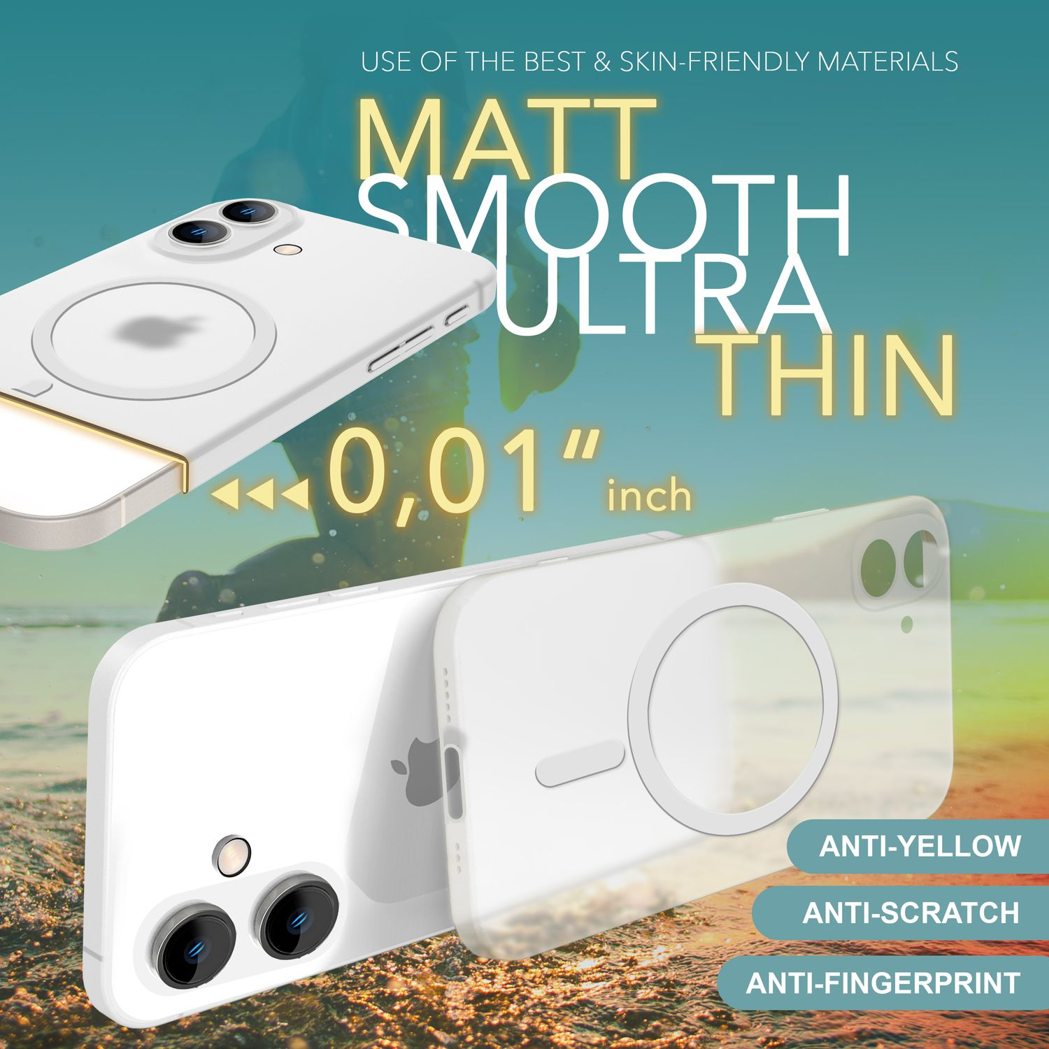 Zwei weiße Handyhüllen mit der Aufschrift 'MATT SMOOTH ULTRA THIN' und 'ANTI-YELLOW'.