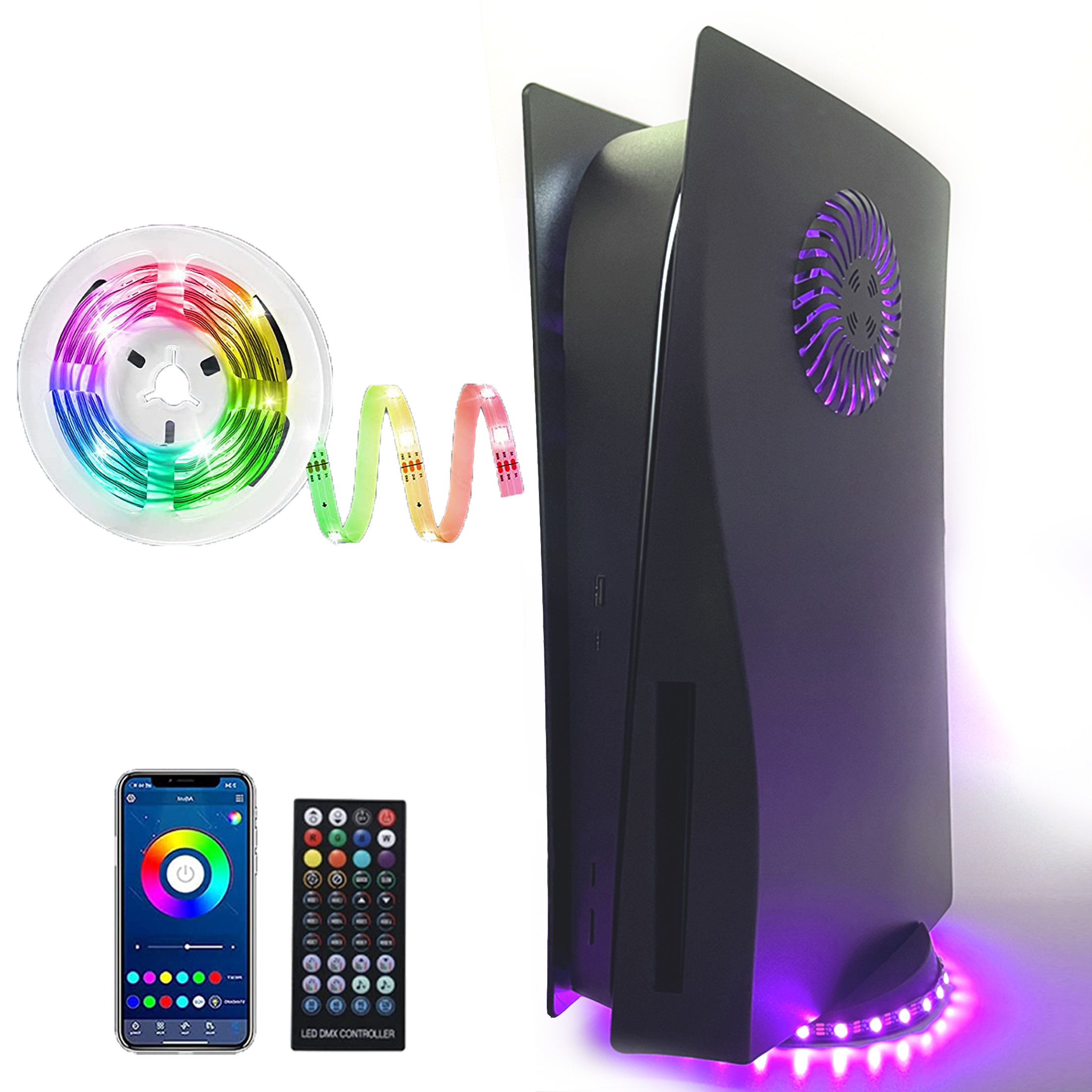 Eine Spielkonsole, farbige LED-Lichtstreifen, eine Fernbedienung und ein Telefon mit Farbkreis.