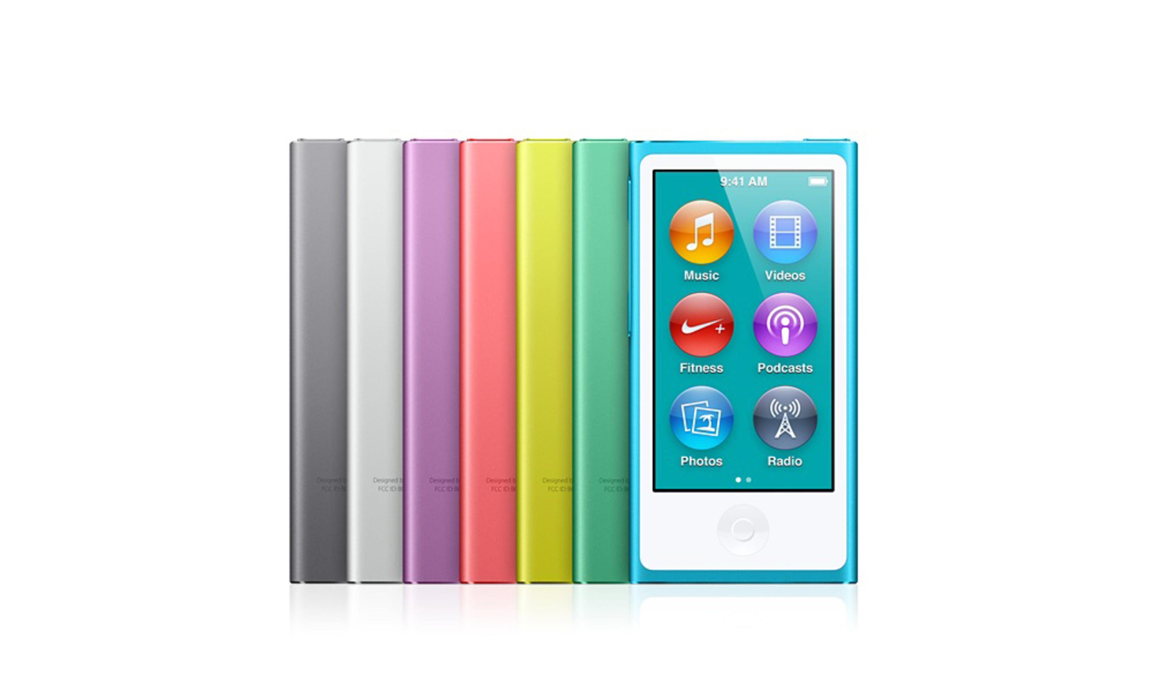 Eine Reihe farbiger iPods, von Silber bis Blau, mit einem zentrierten iPod-Bildschirm.