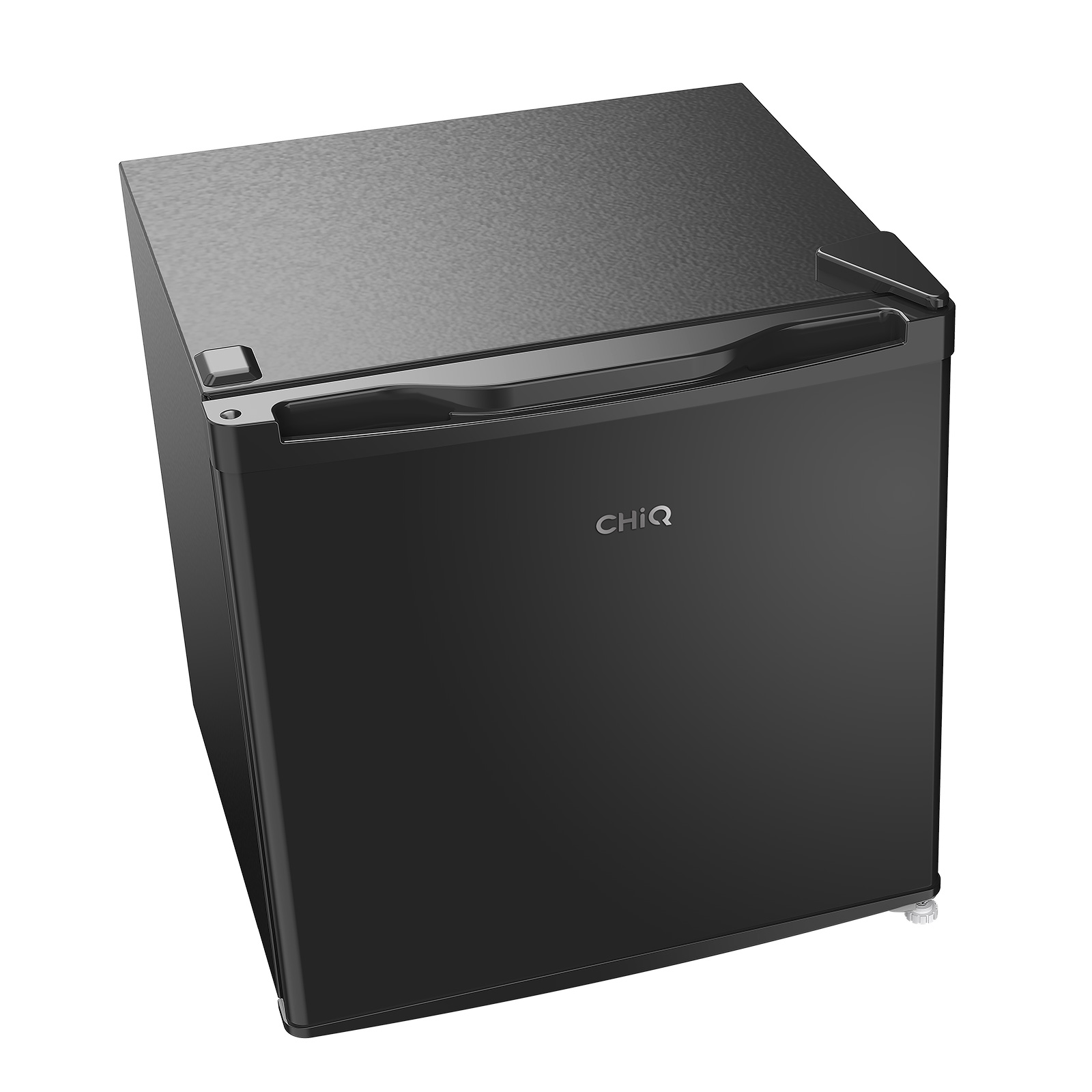 A black mini fridge with a handle and the brand name CHiQ on the front.