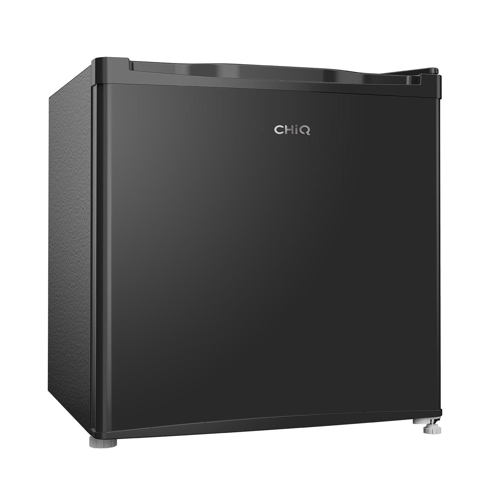 A black CHiQ refrigerator with a sleek design. The door handle is vertical.