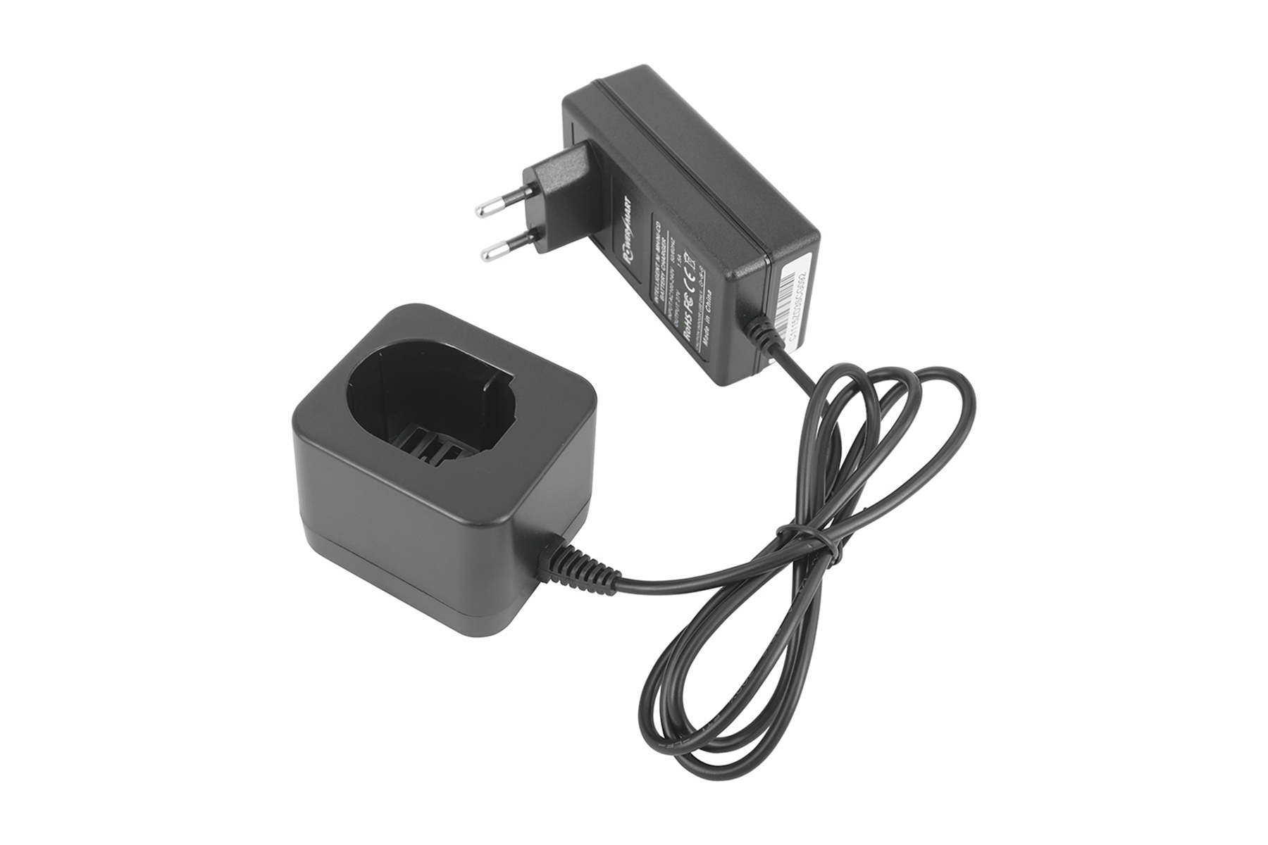 Schwarzes Ladegerät mit Ladestation und Netzstecker, auf weißem Hintergrund.