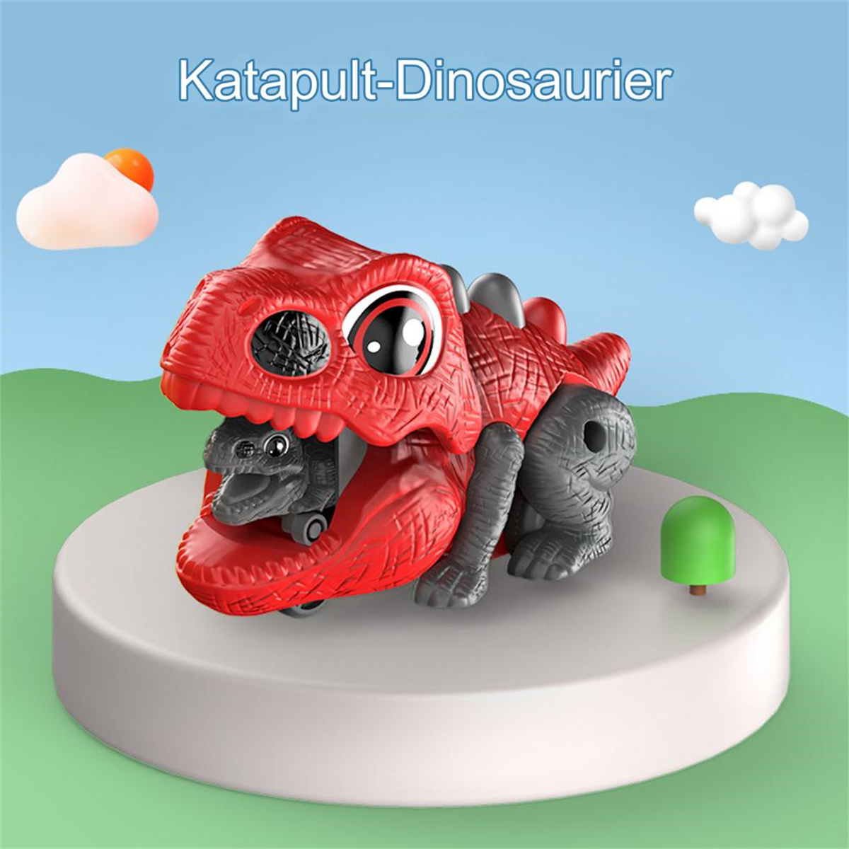 Roter Spielzeug-Dinosaurier mit Baby-Dinosaurier. Text: Katapult-Dinosaurier. Grüner Ständer.