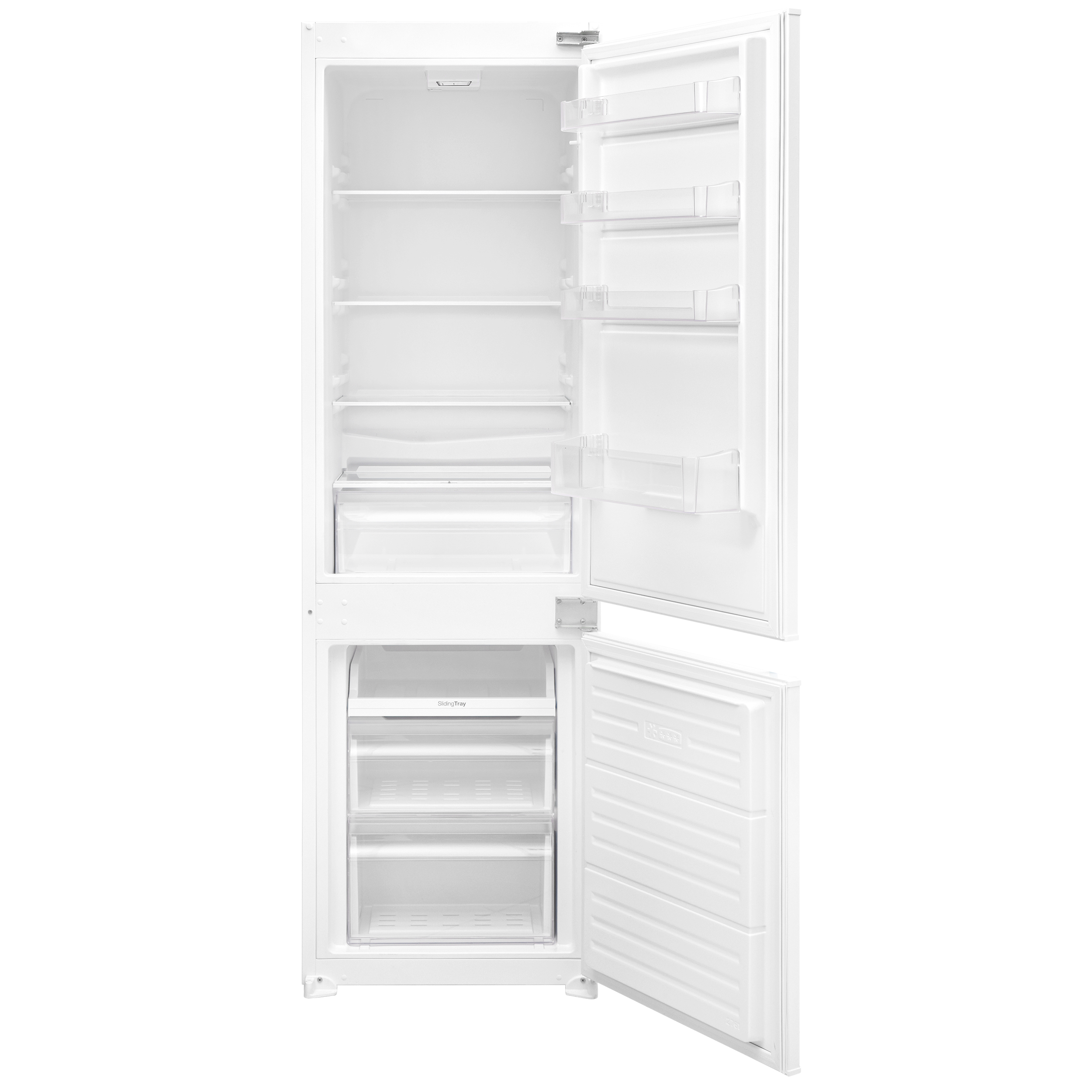 Offener weißer Kühlschrank mit Regalen, Schubladen und Türfächern, ein weißes Innere.