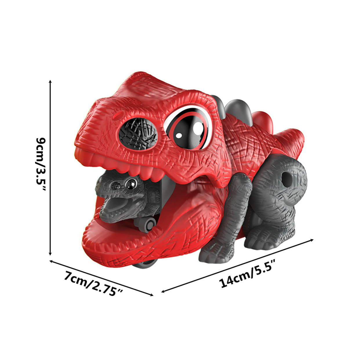 Ein rotes Dinosaurier-Spielzeug mit einem kleineren Dinosaurier darin. Abmessungen sind in cm und Zoll angegeben.