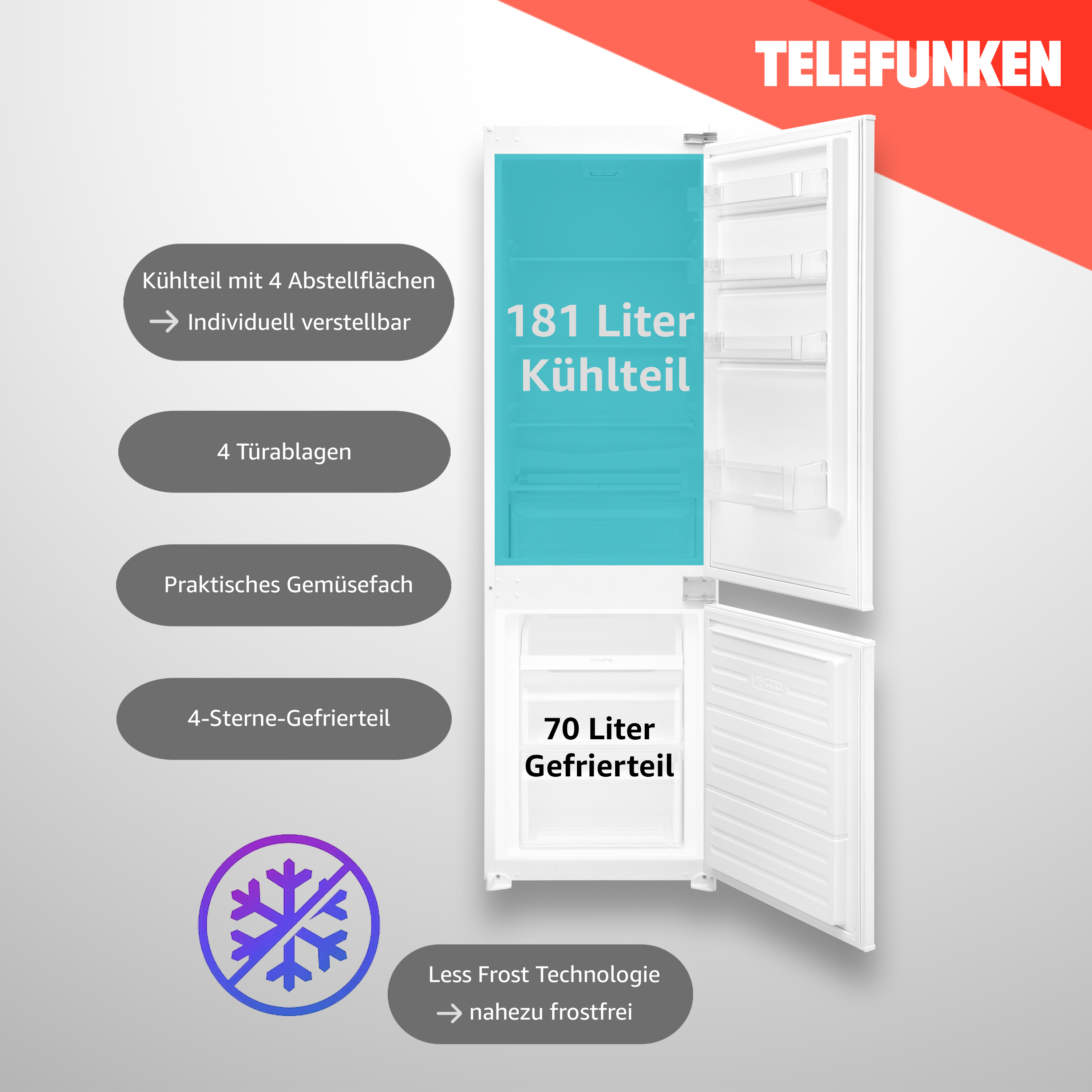 Weißer Telefunken-Kühlschrank mit geöffneten Türen, mit Regalen und Stauraum.