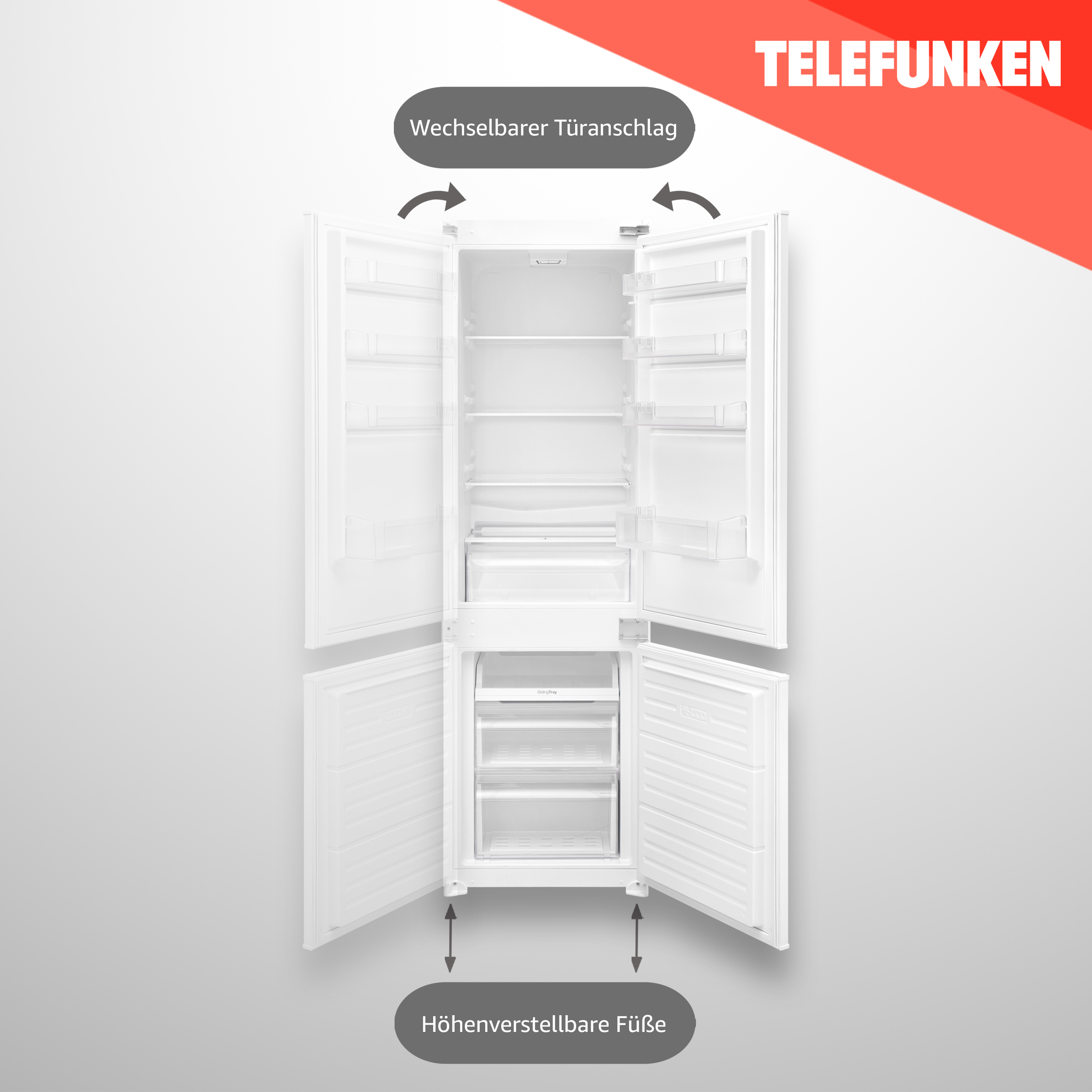 Ein offener weißer Kühlschrank mit Regalen, Schubladen und dem Telefunken-Logo.
