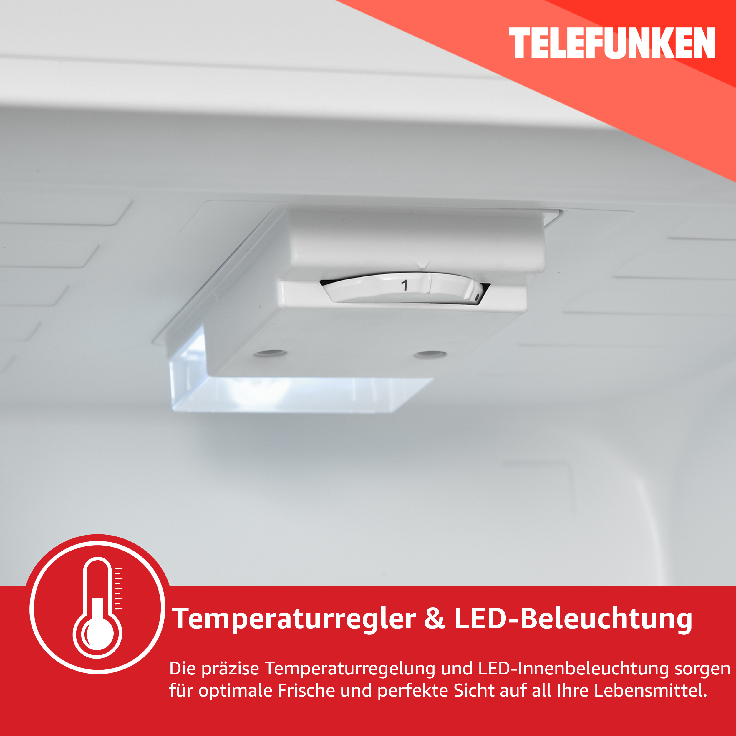 Kühlschrankinnenraum mit Temperaturregler und LED-Beleuchtung. Grafik mit Text-Overlay.