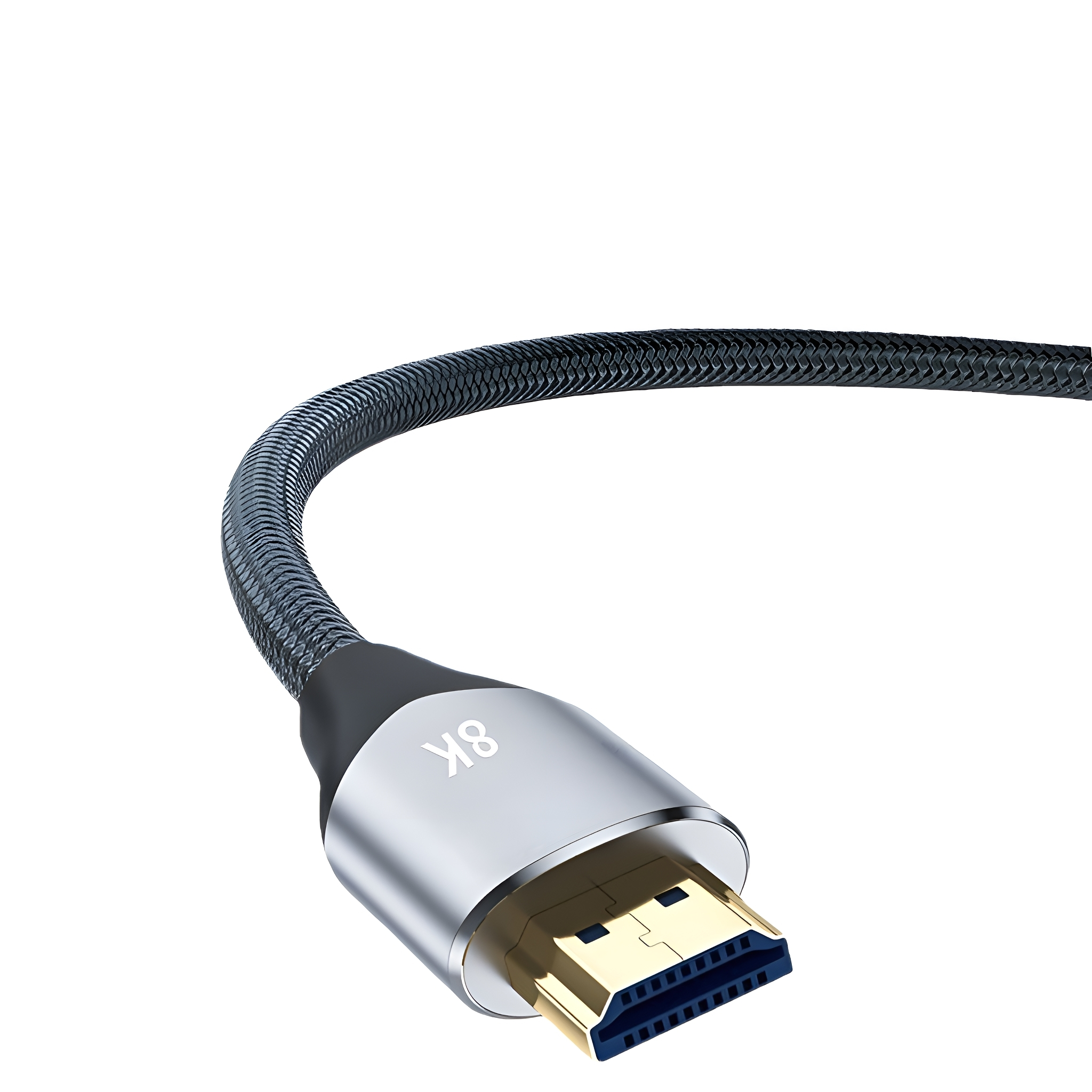 HDMI-Kabel mit 8K-Aufdruck, silberfarbener Stecker, schwarzes geflochtenes Kabel.