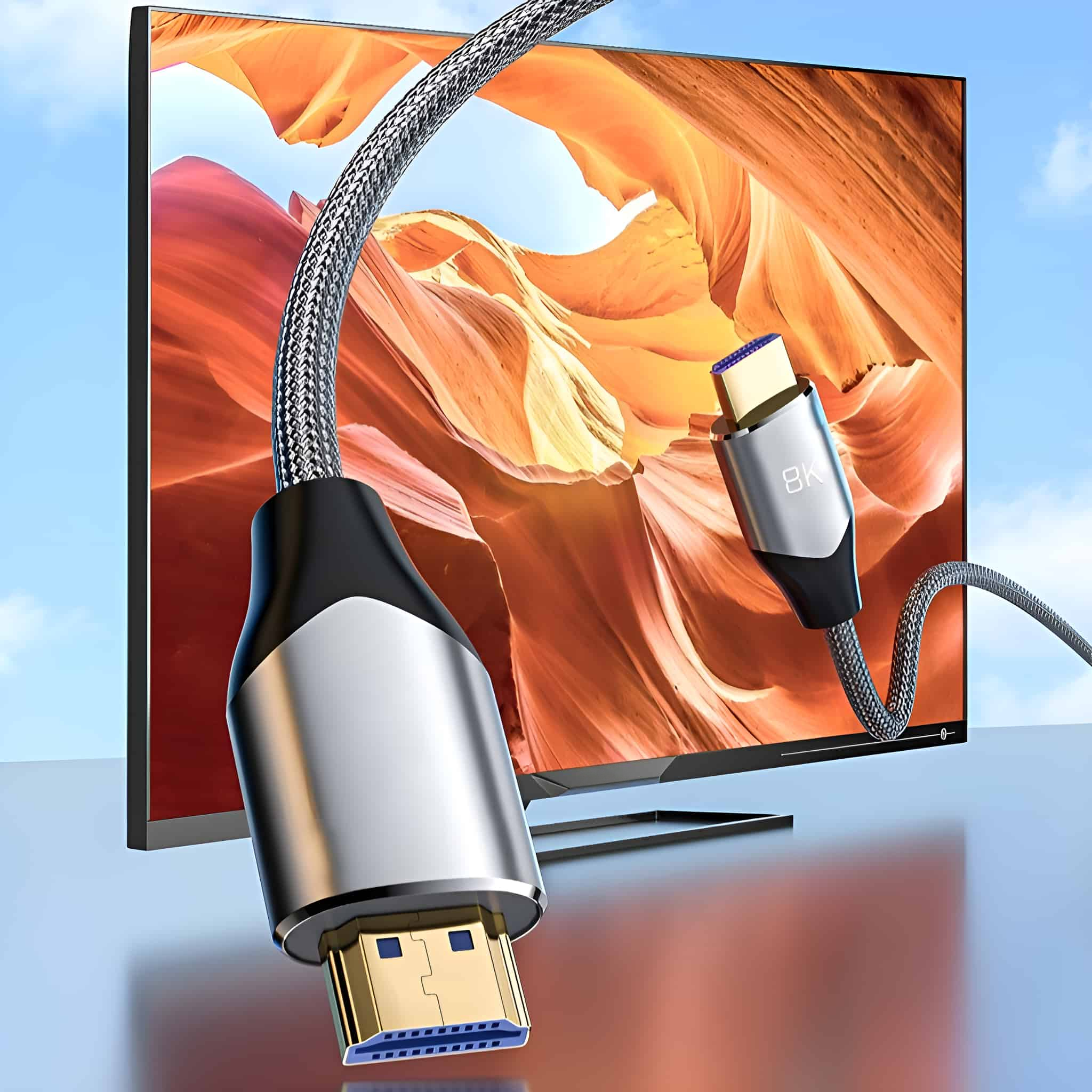HDMI-Kabel an Fernseher und Gerät angeschlossen. Fernseher zeigt Bild. Blauer Himmel im Hintergrund.