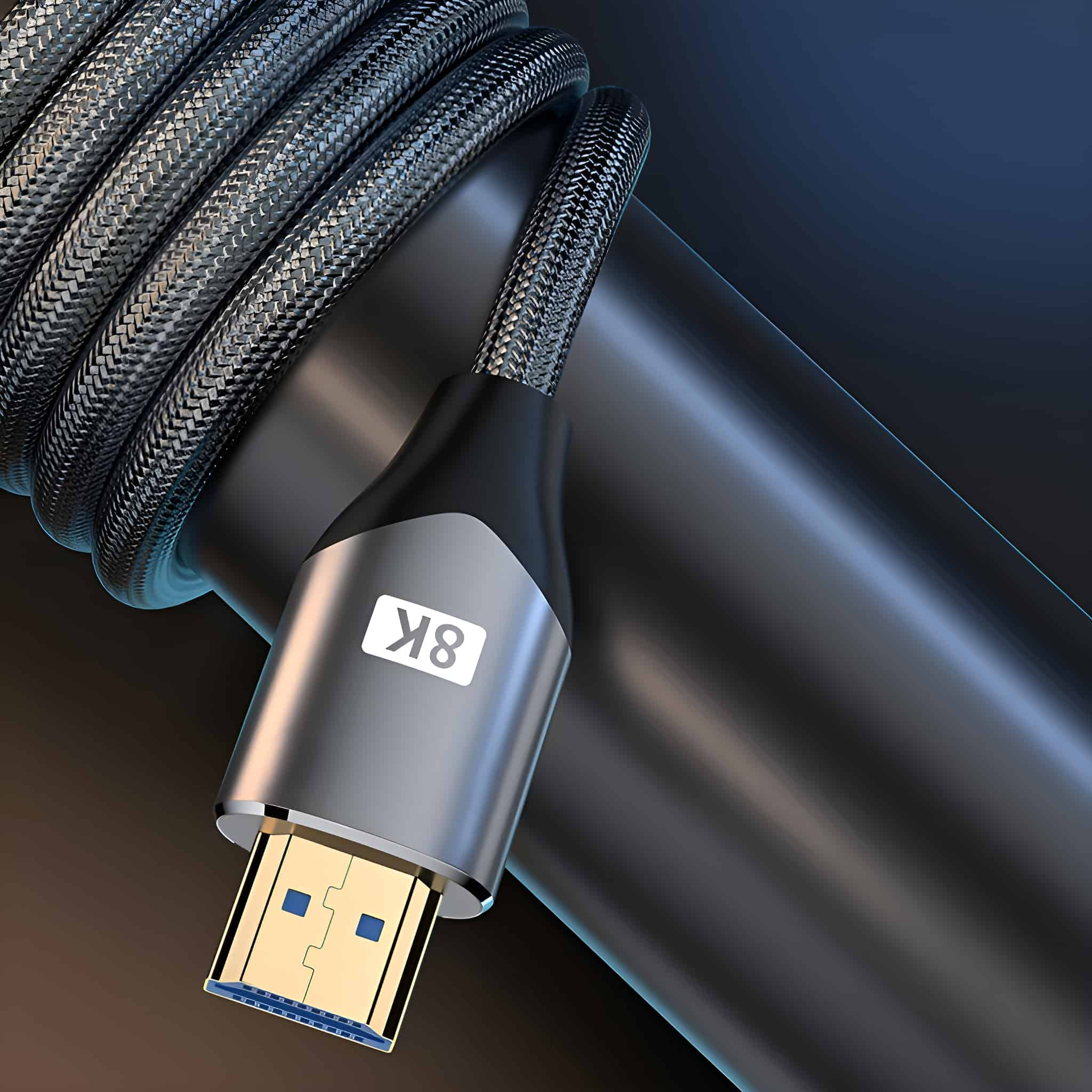 Geflochtenes HDMI-Kabel mit 8K-Etikett und Stecker.
