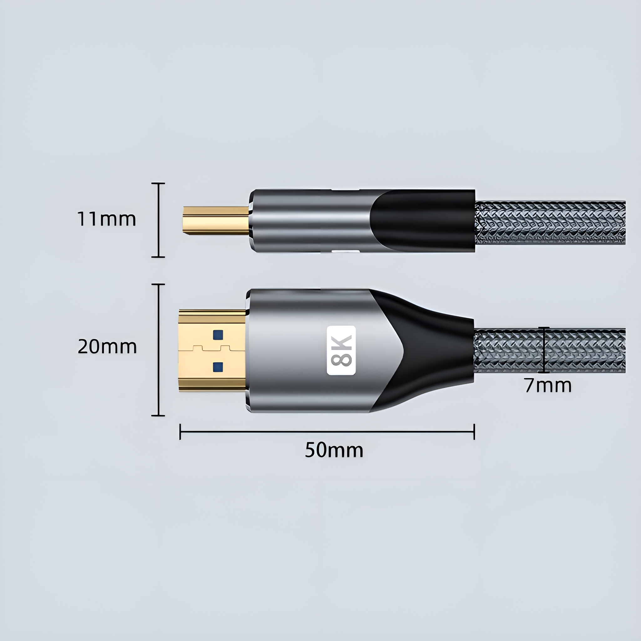 HDMI-Kabel, silberfarbene Stecker mit 8K-Etikett. Maße angegeben.