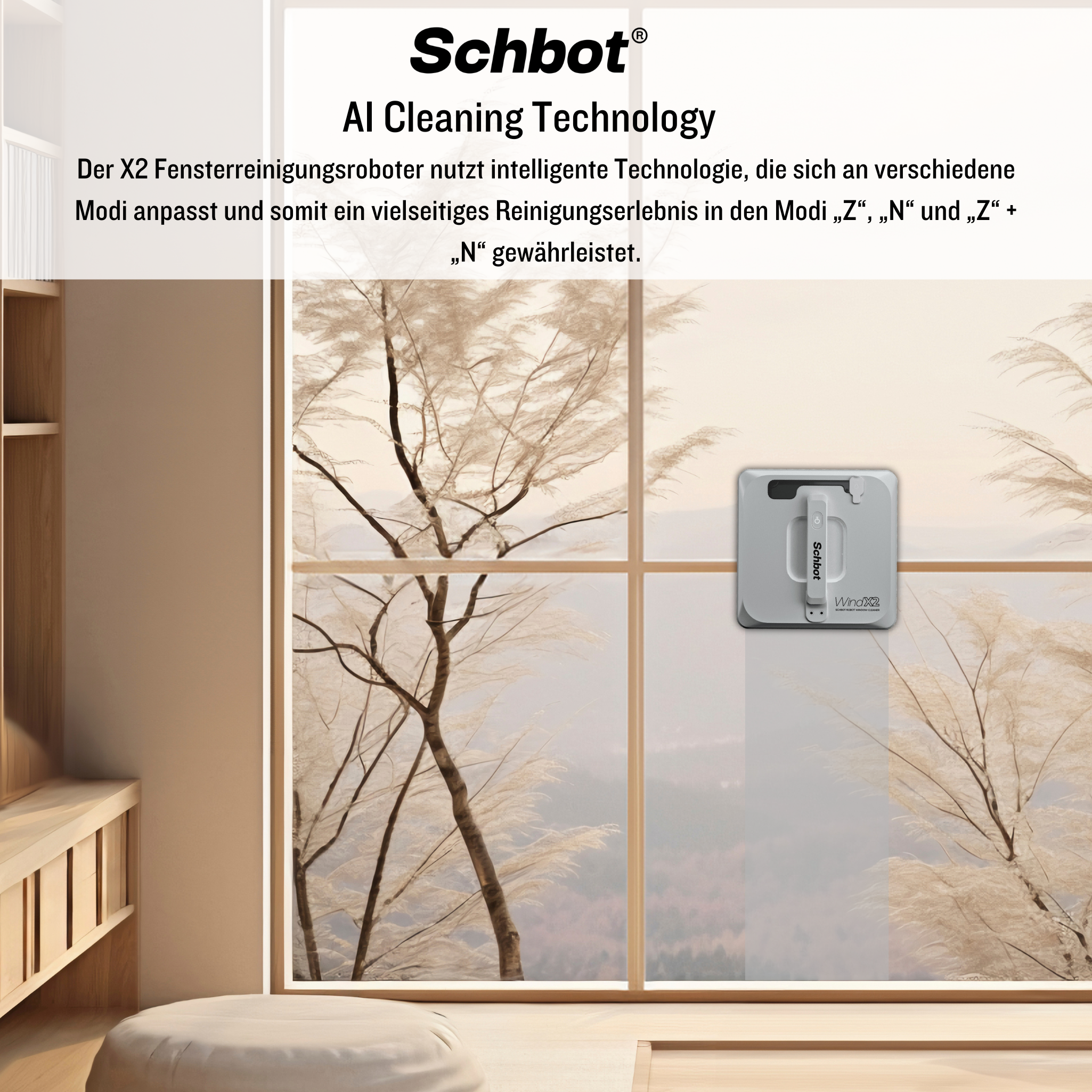 Fensterreinigungsroboter am Fenster. Text-Overlay: Schbot, AI Reinigungstechnologie.