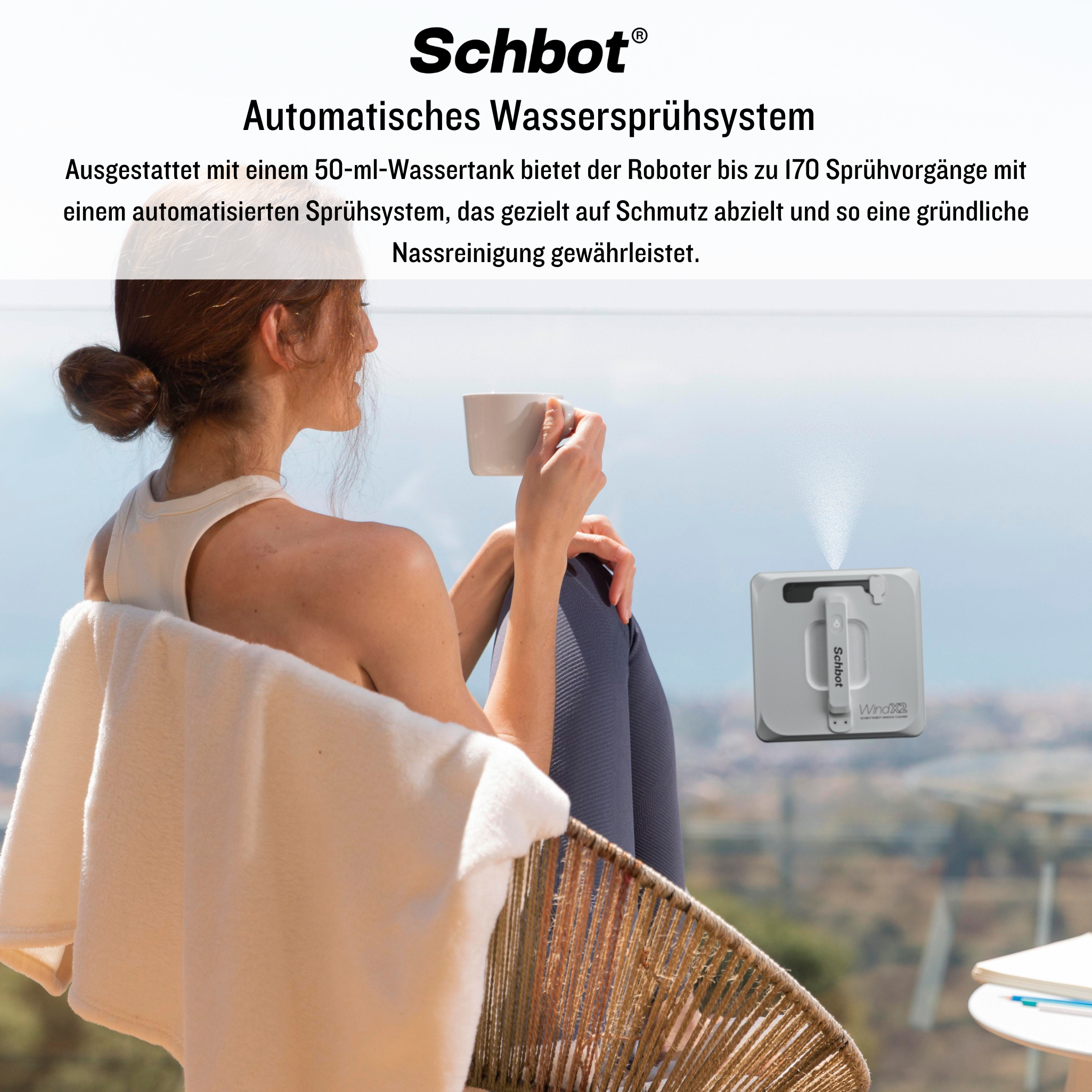 Frau sitzt, Fensterputzroboter putzt ein Fenster, weißes Handtuch.