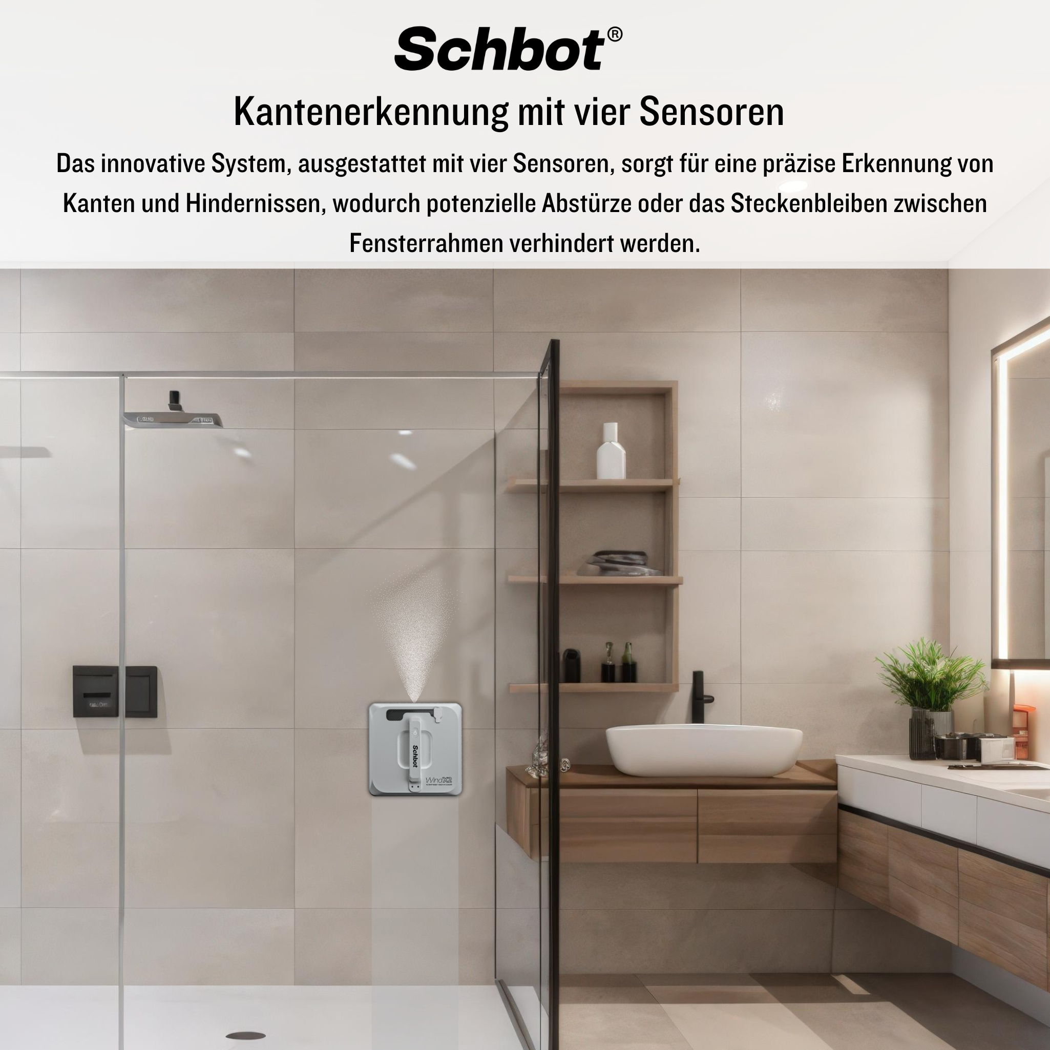Ein Roboter-Staubsauger reinigt ein Badezimmer. Der Text an der Wand lautet 'Kantenerkennung mit vier Sensoren'.