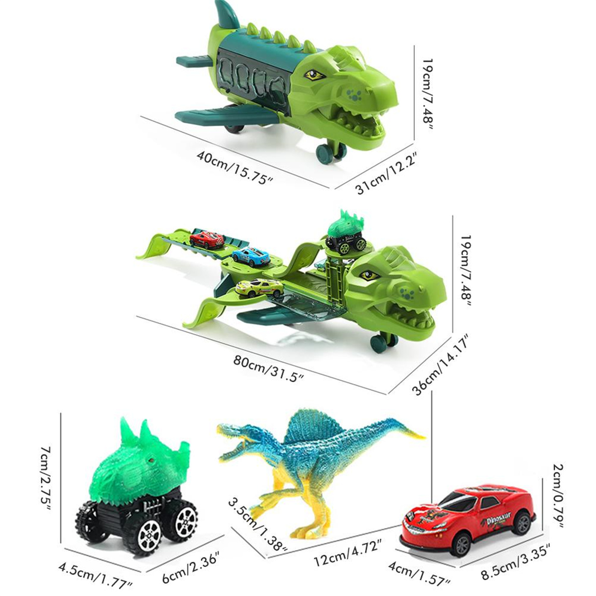 Spielzeugflugzeuge und -autos in Dinosaurierform, die verschiedene Modelle mit Größenangaben zeigen.