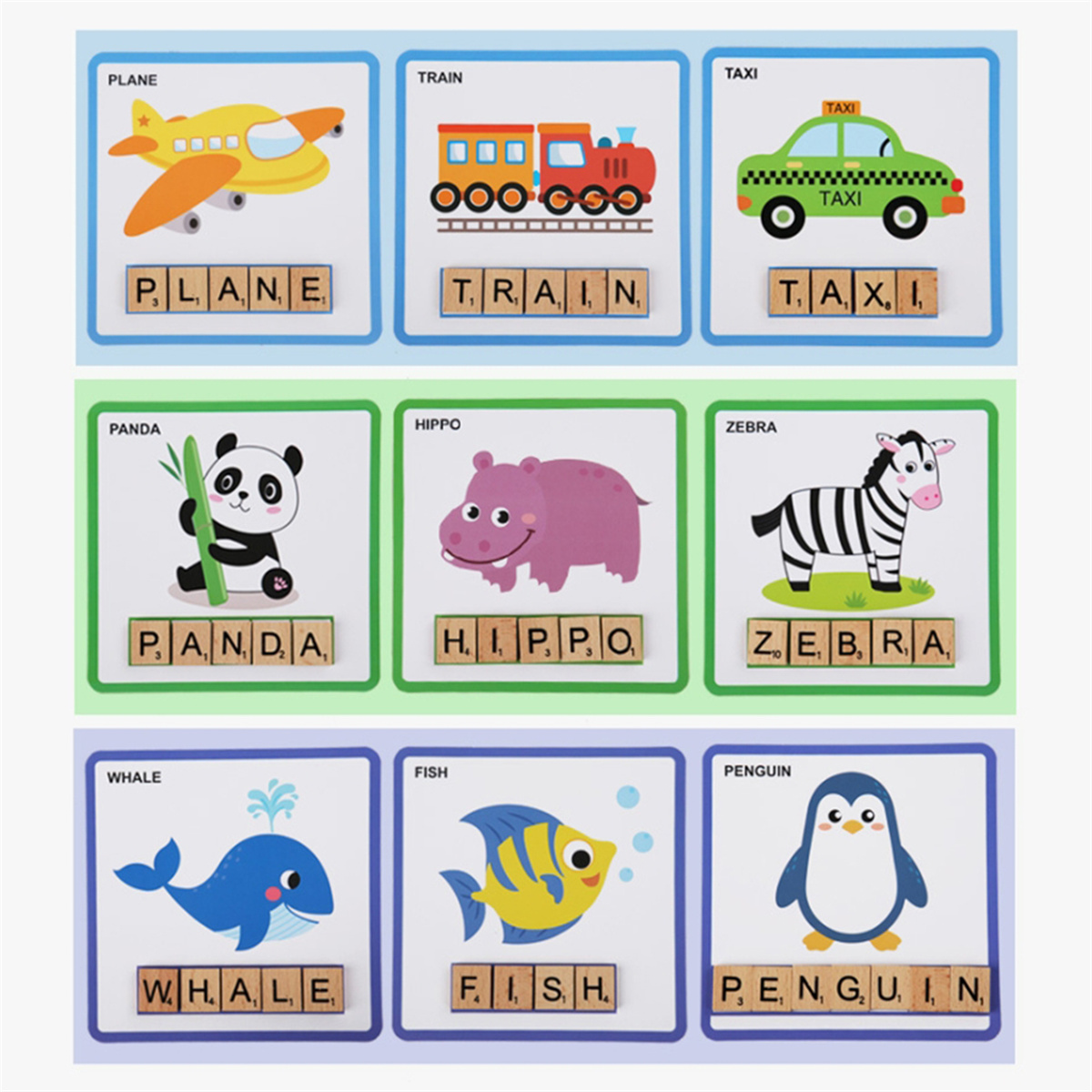 Lernkarten mit Wörtern und Bildern für Flugzeug, Zug, Taxi, Panda, Nilpferd etc.
