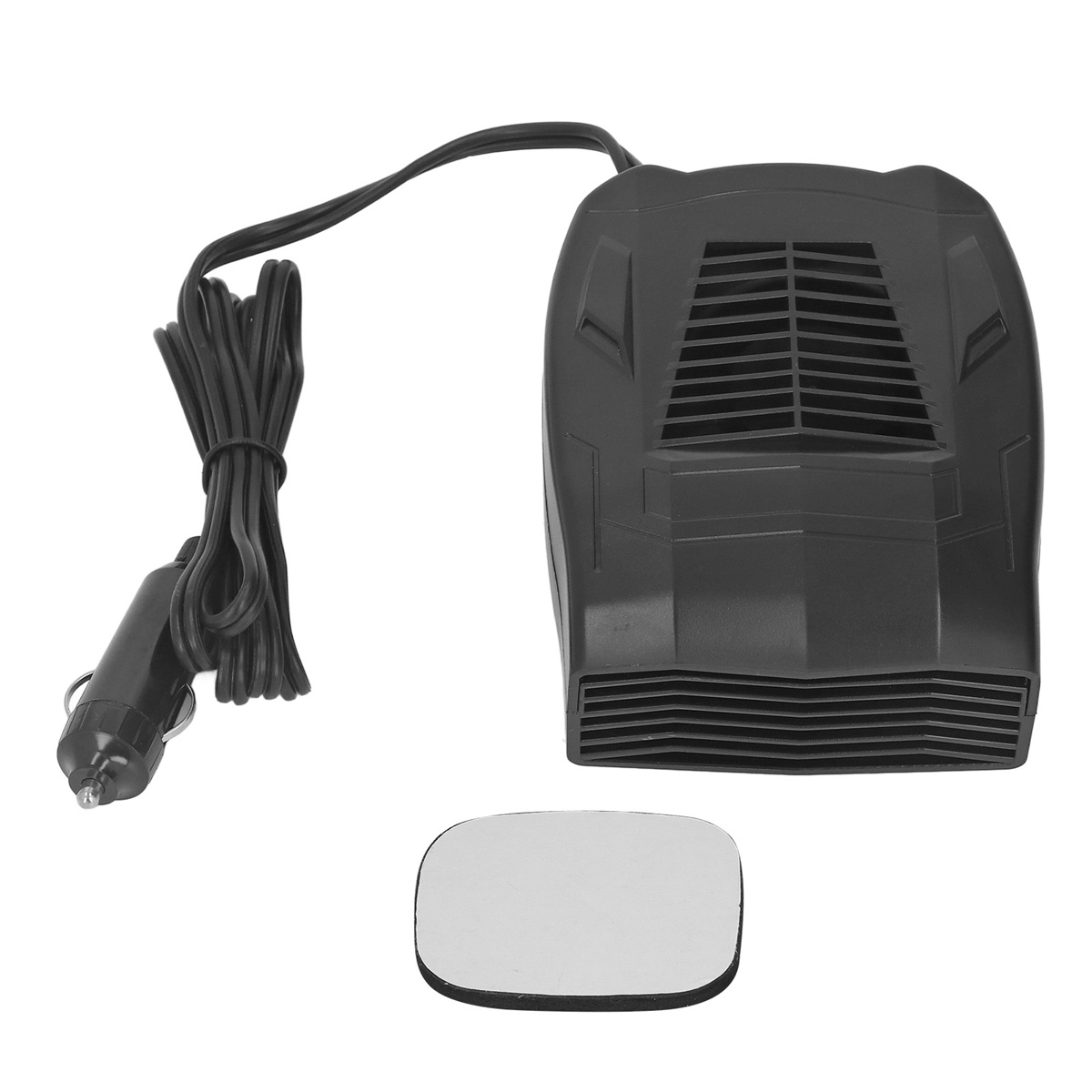Schwarze Autoheizung mit Zigarettenanzünderstecker und Klebepad.