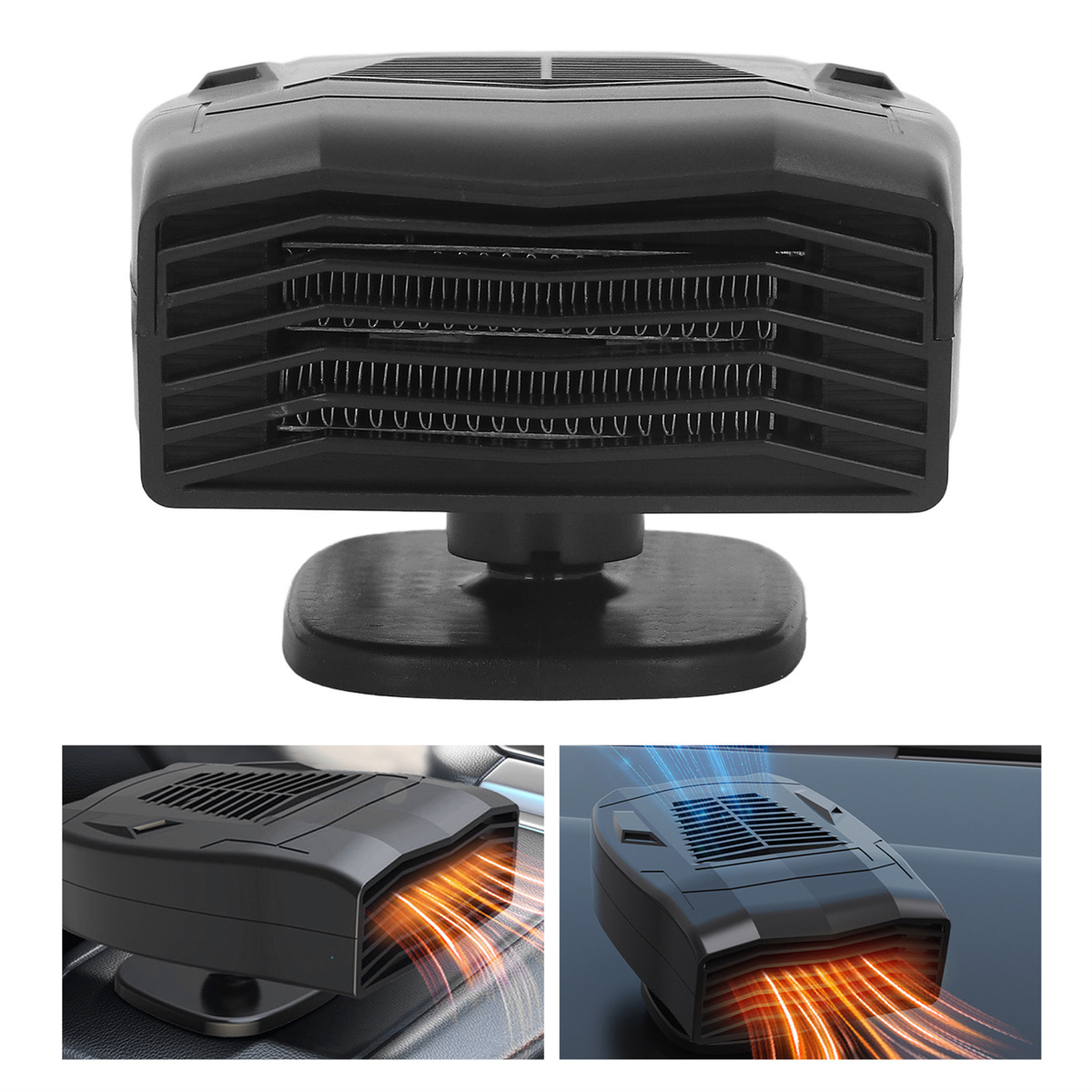 Schwarze Autoheizung mit Lüftungsdesign und zwei Bildern zur Funktion.