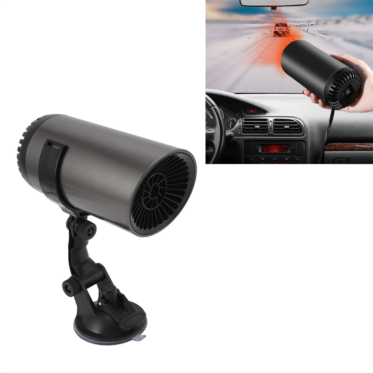 Autoheizung mit Saugnapfbasis. Zweites Bild zeigt sie im Auto.