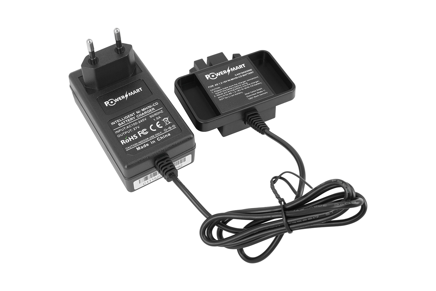 Ein schwarzes Ladegerät und eine Ladestation mit Netzteil und Netzkabel.
