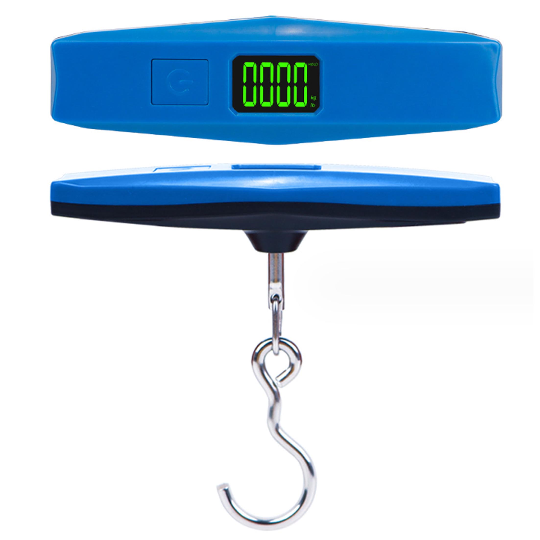 Blaue digitale Gepäckwaage mit Haken. Das Display zeigt Zahlen. Auf weißem Hintergrund.