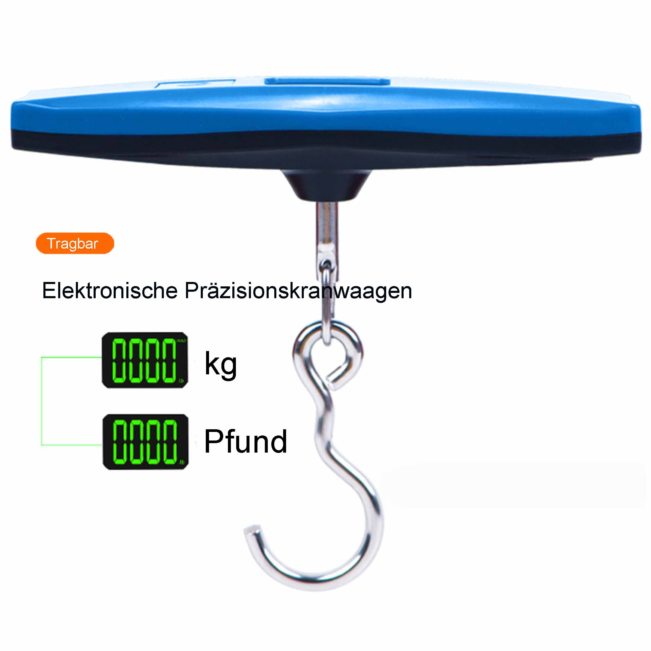 Eine tragbare digitale Waage mit Haken, Anzeige zeigt kg und Pfund.