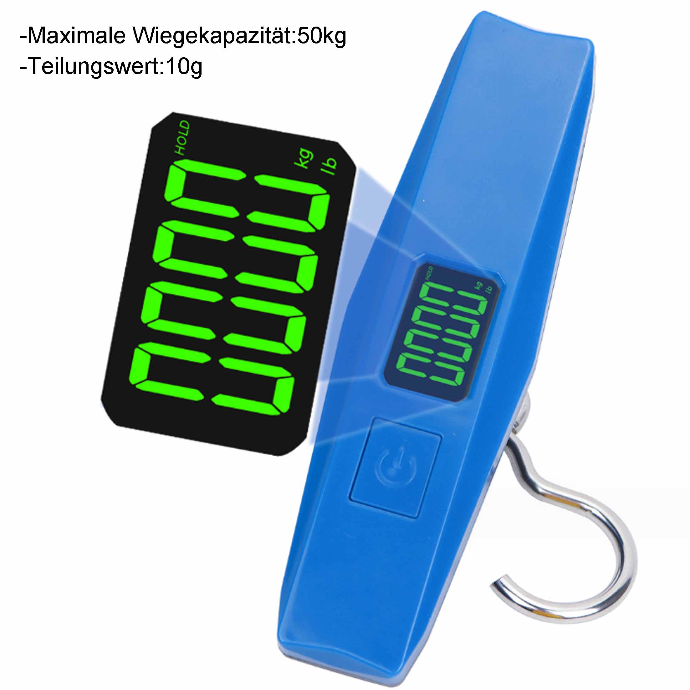 Blaue digitale Gepäckwaage mit Anzeige, die das Gewicht in kg/lb anzeigt. Die Waage hat einen Haken und einen Ein-/Ausschalter.