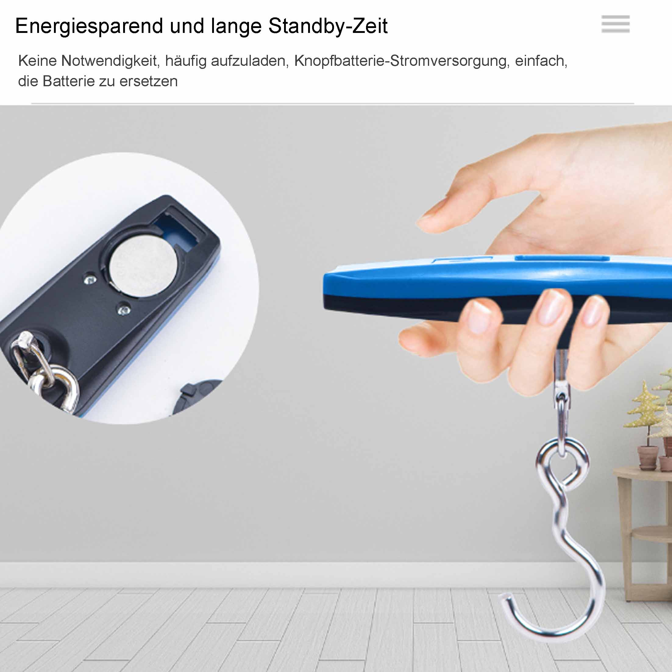 Die Hand einer Person hält eine silberne Waage mit blauem Display, mit Text: Energiesparend und lange Standby-Zeit.
