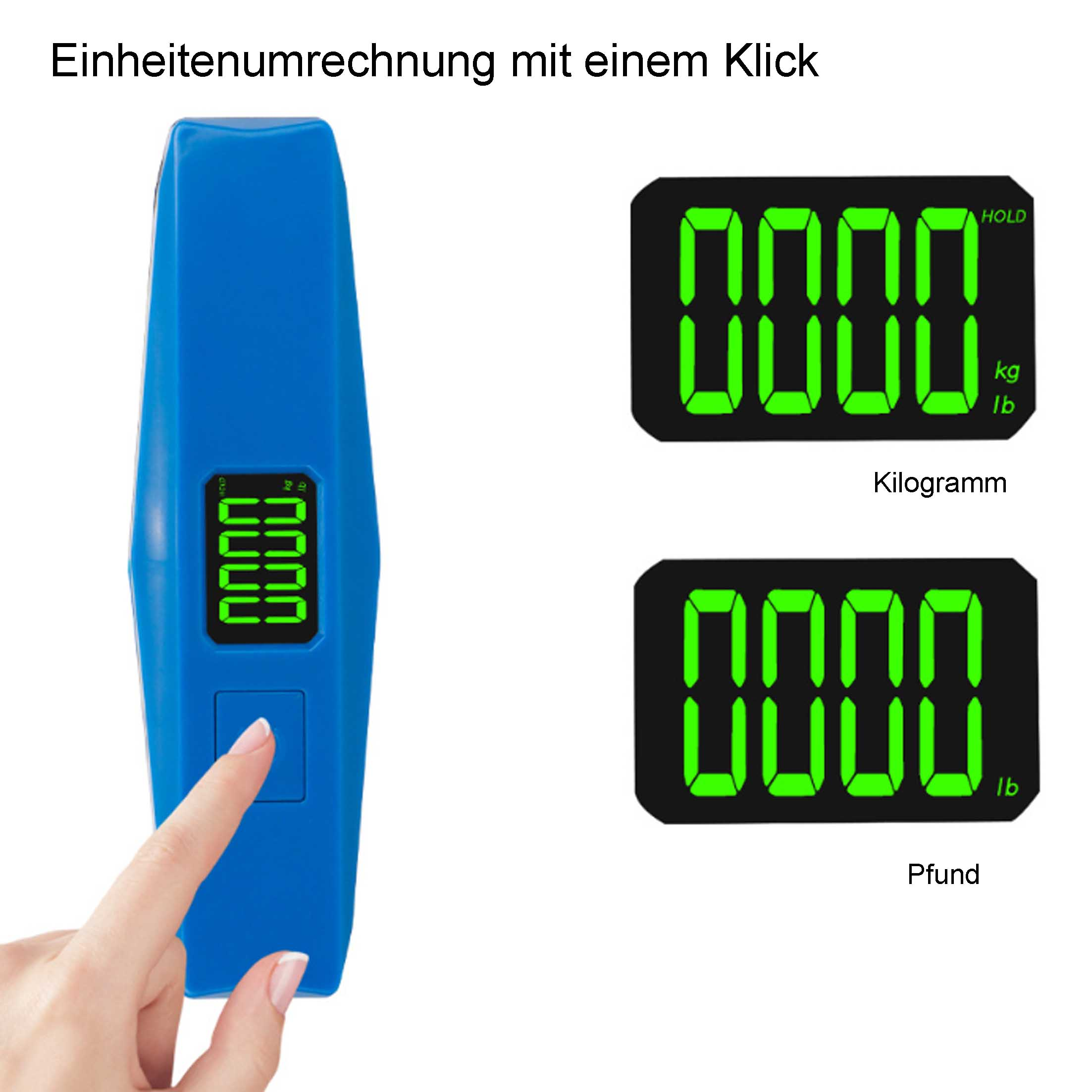 Blaue Digitalwaage mit Knopf. Zwei Anzeigen zeigen Gewicht in kg und lb.