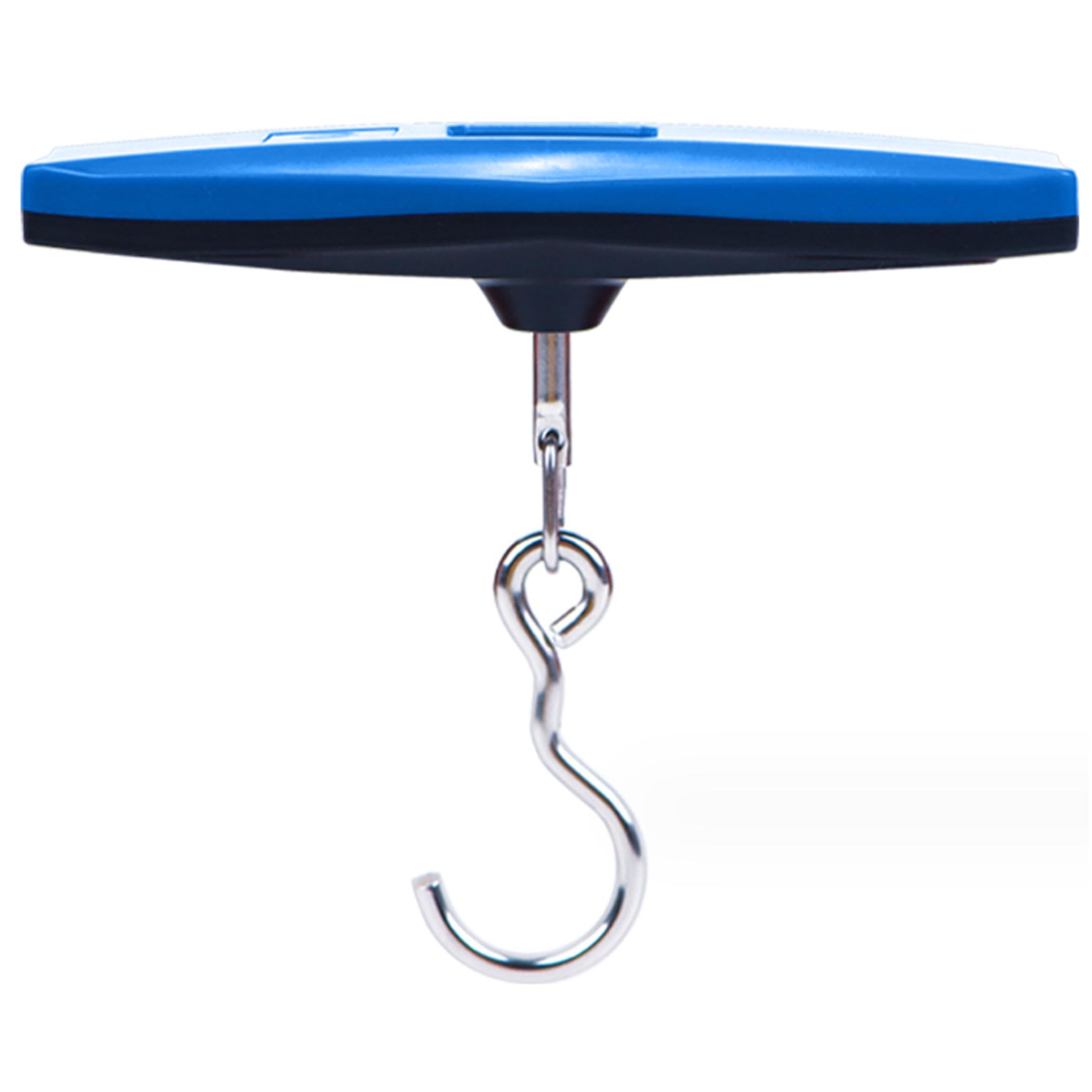 Blaue und weiße Hängewaage mit Haken.