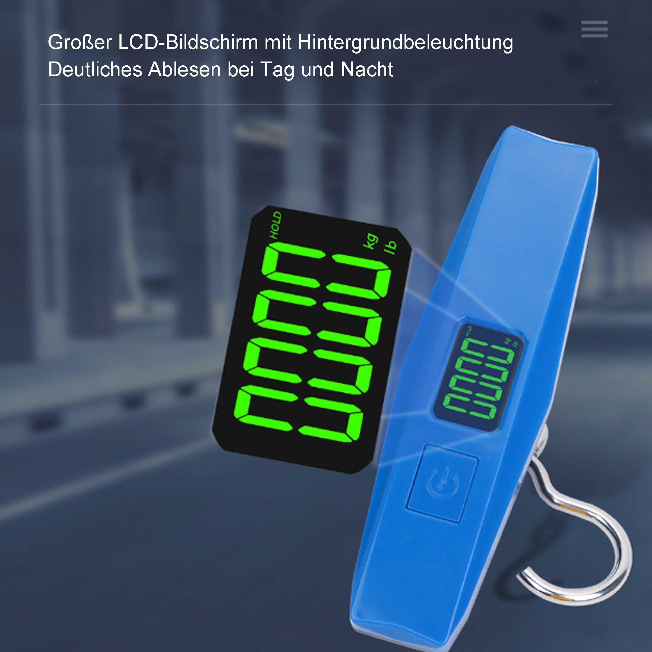Blaue digitale Gepäckwaage mit grüner Anzeige und Haken.