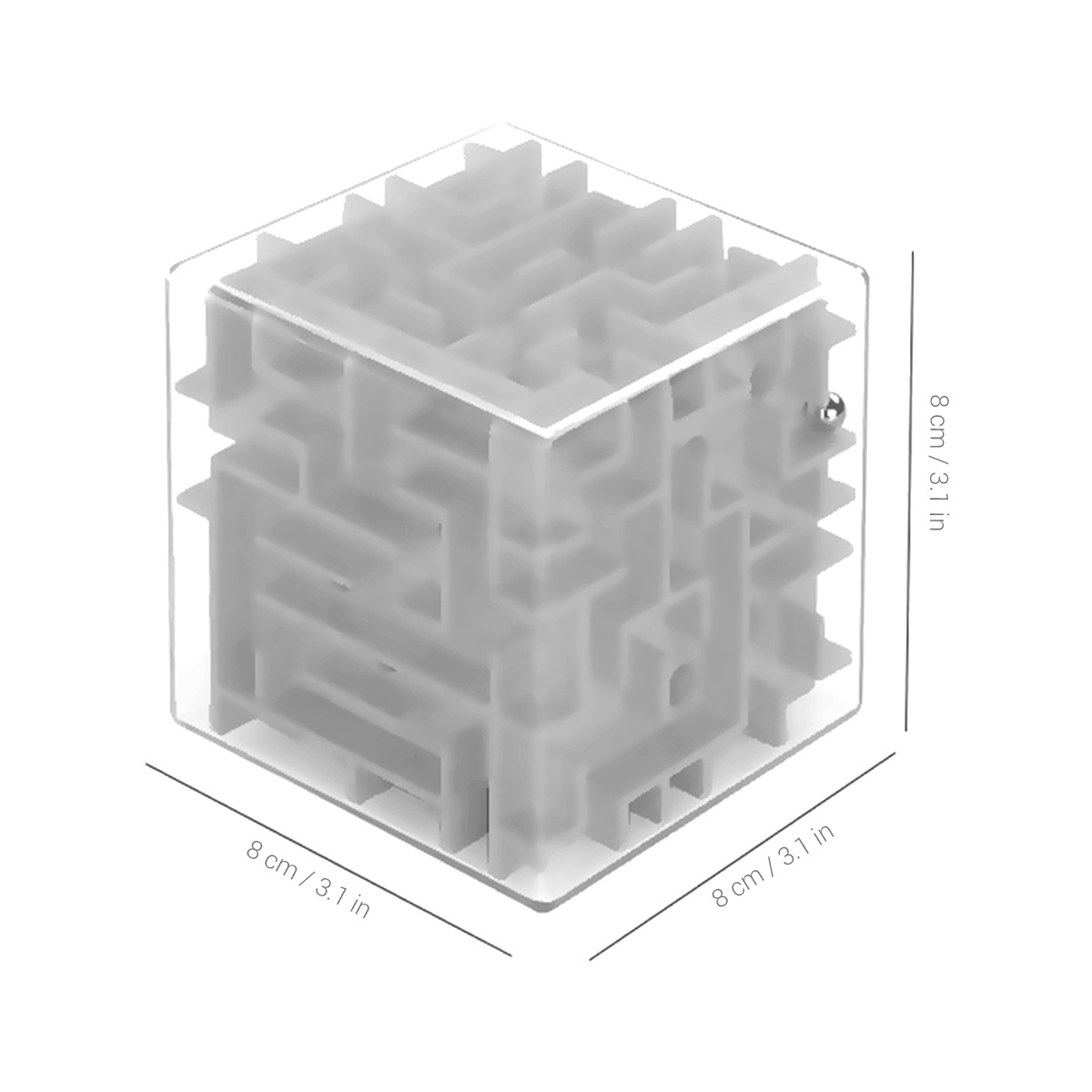 Ein durchsichtiges Würfel-Labyrinth mit einer Metallkugel im Inneren, Abmessungen 8 cm/3,1 Zoll.