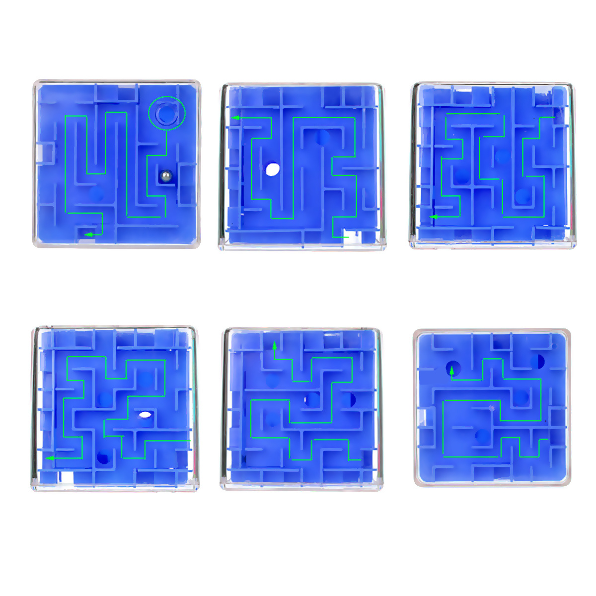 Sechs blaue Labyrinthe mit grünen Wegen, jedes zeigt ein einzigartiges Puzzle-Design.