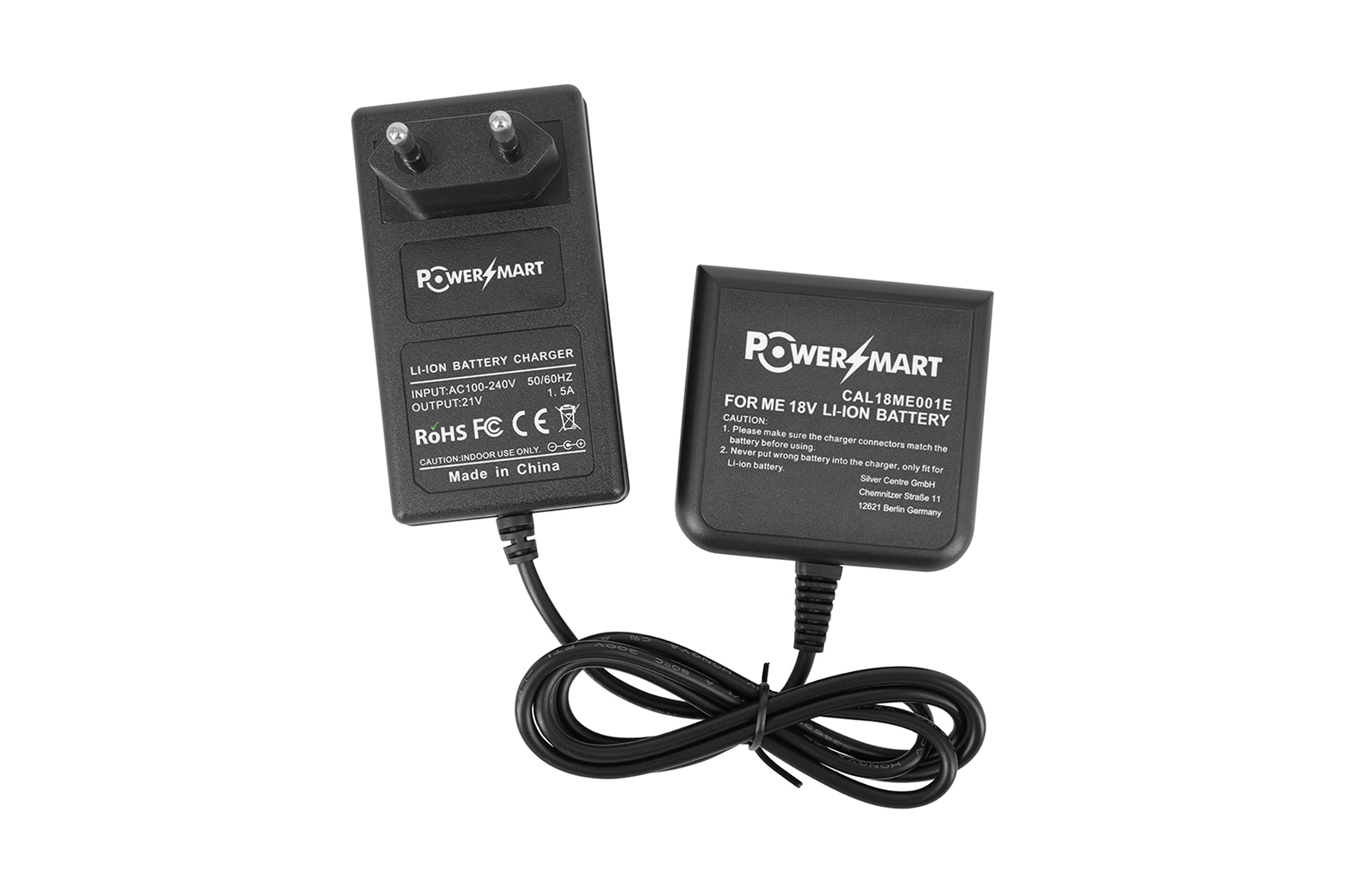 Zwei schwarze PowerSmart-Ladegeräte mit Kabeln, eines für 18V und ein weiteres für 14,4V Li-Ionen-Akkus, auf weißem Hintergrund.