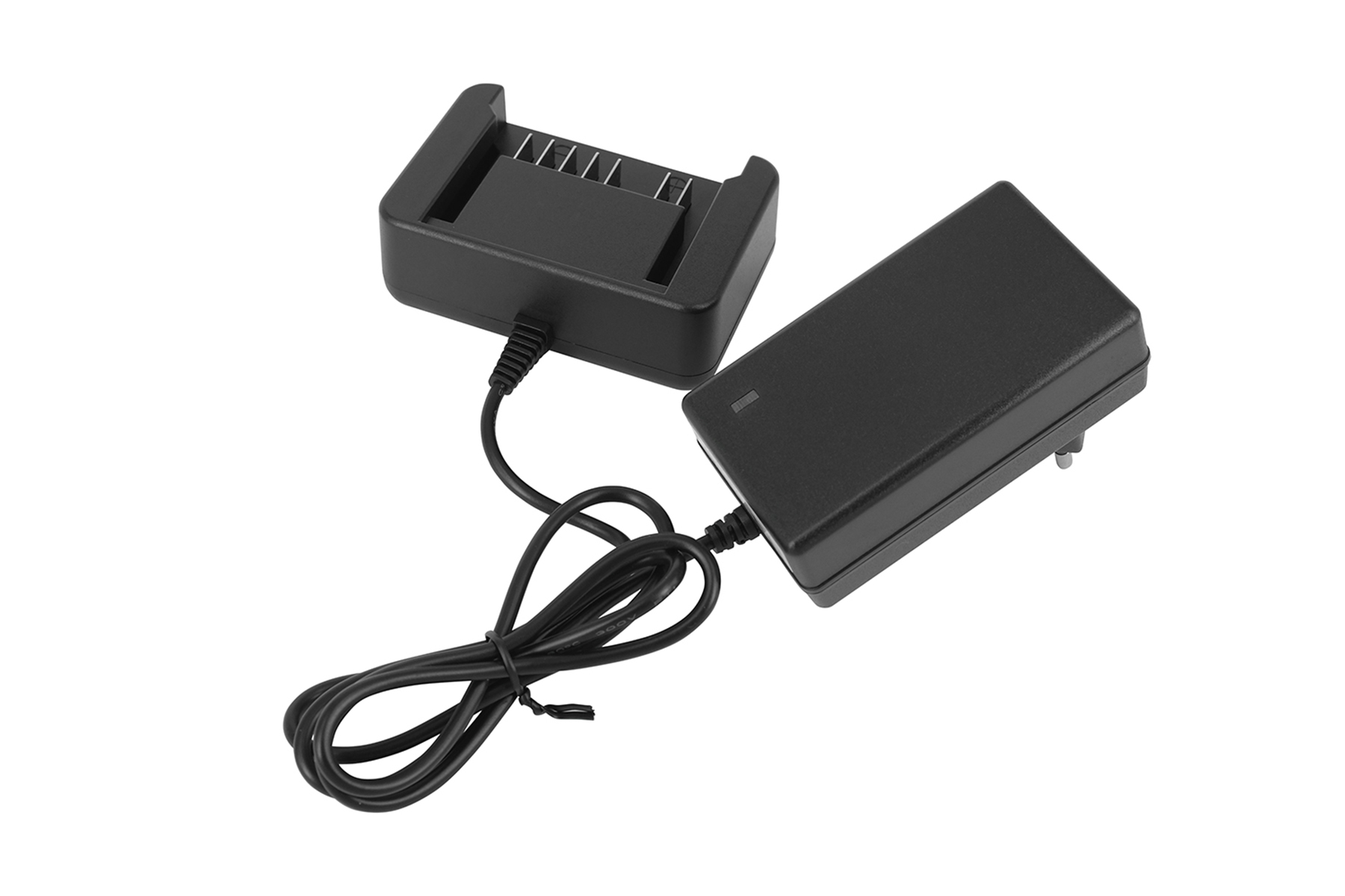 Schwarzes Ladegerät mit Netzteil und Ladestation, verbunden durch ein Kabel.