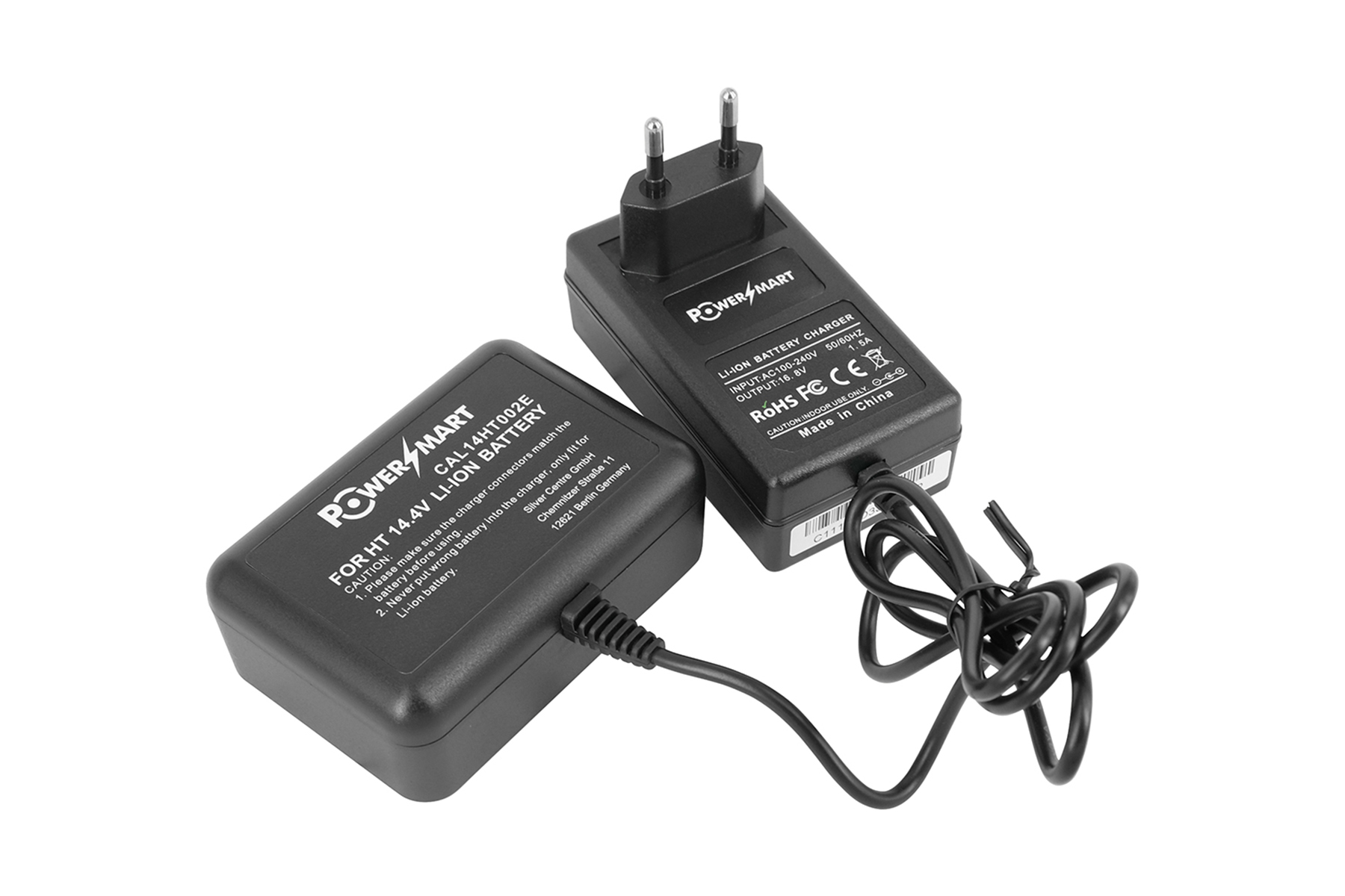 Zwei schwarze PowerSmart-Ladegeräte mit Kabeln. Eines für HT 14,4V Li-Ion-Akku, ein anderes mit Stecker.