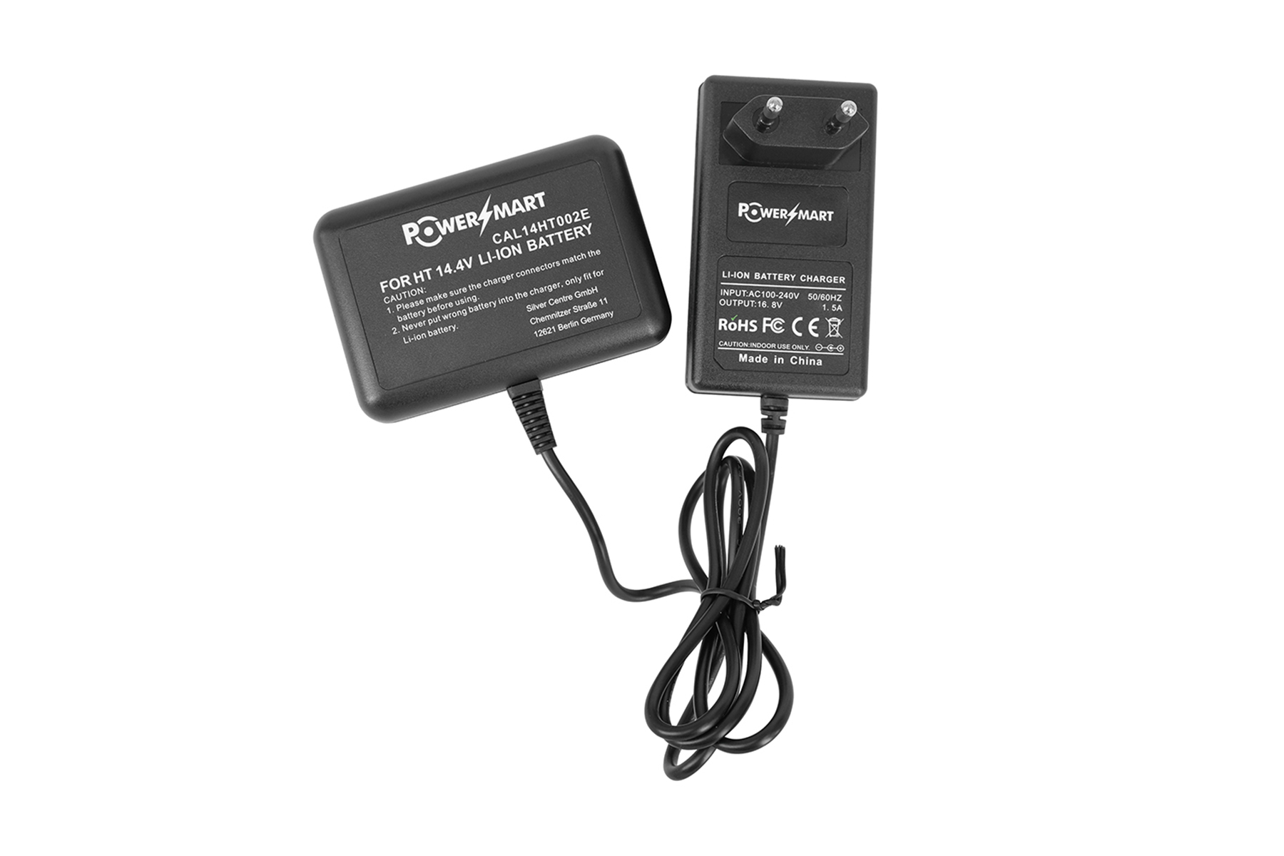 Zwei schwarze PowerMart-Ladegeräte. Eines ist ein Batterieladegerät, das andere ein Netzteil.