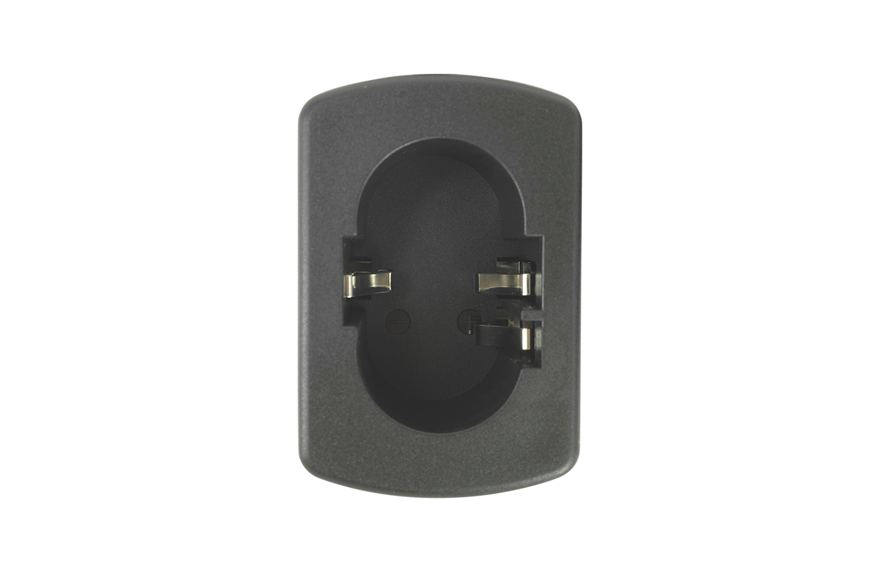 Schwarzes Batterieladegerät mit zwei Steckplätzen. Rundes Design.