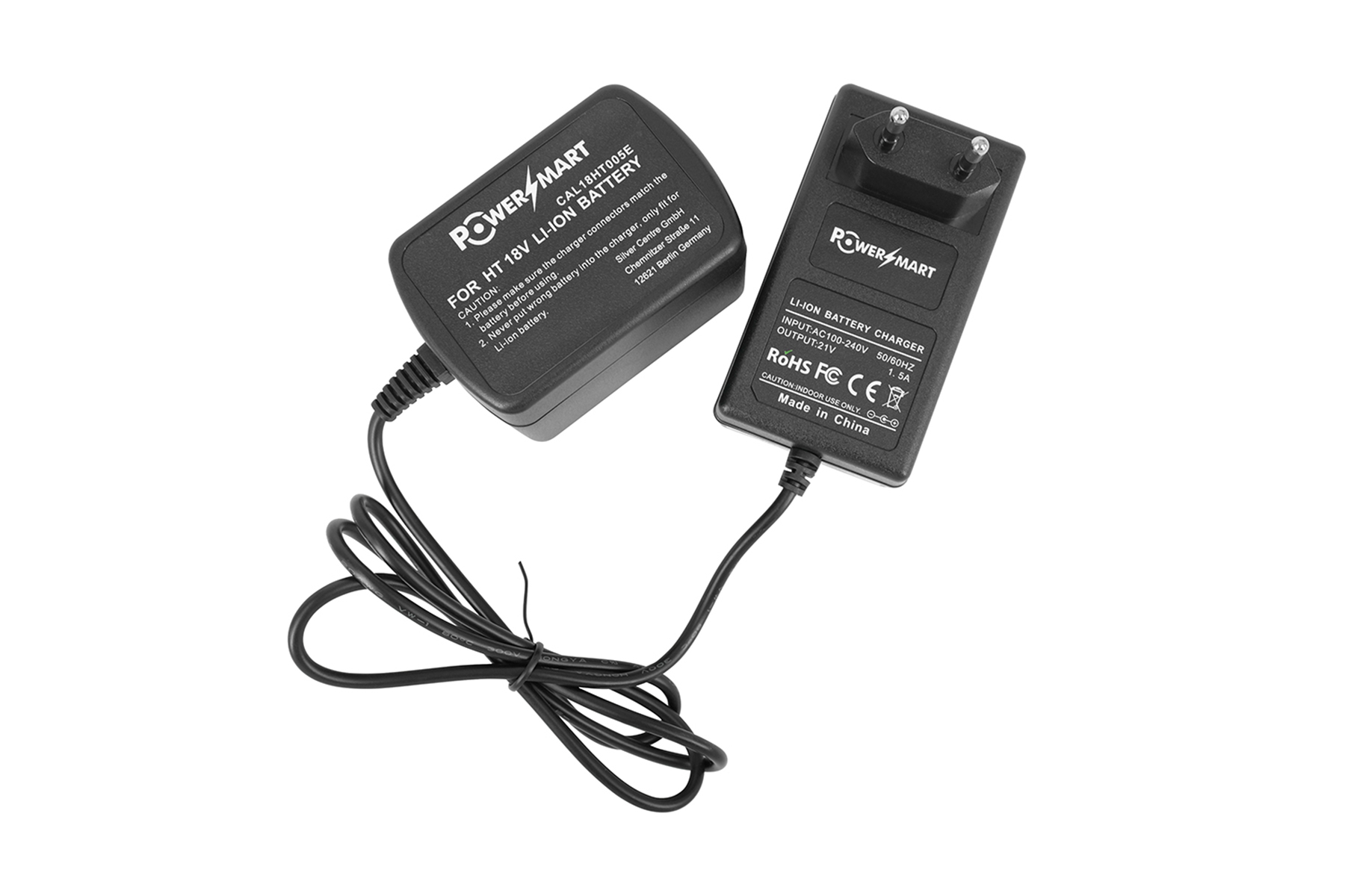 Zwei schwarze Power Mart Ladegeräte, eines mit Kabel.