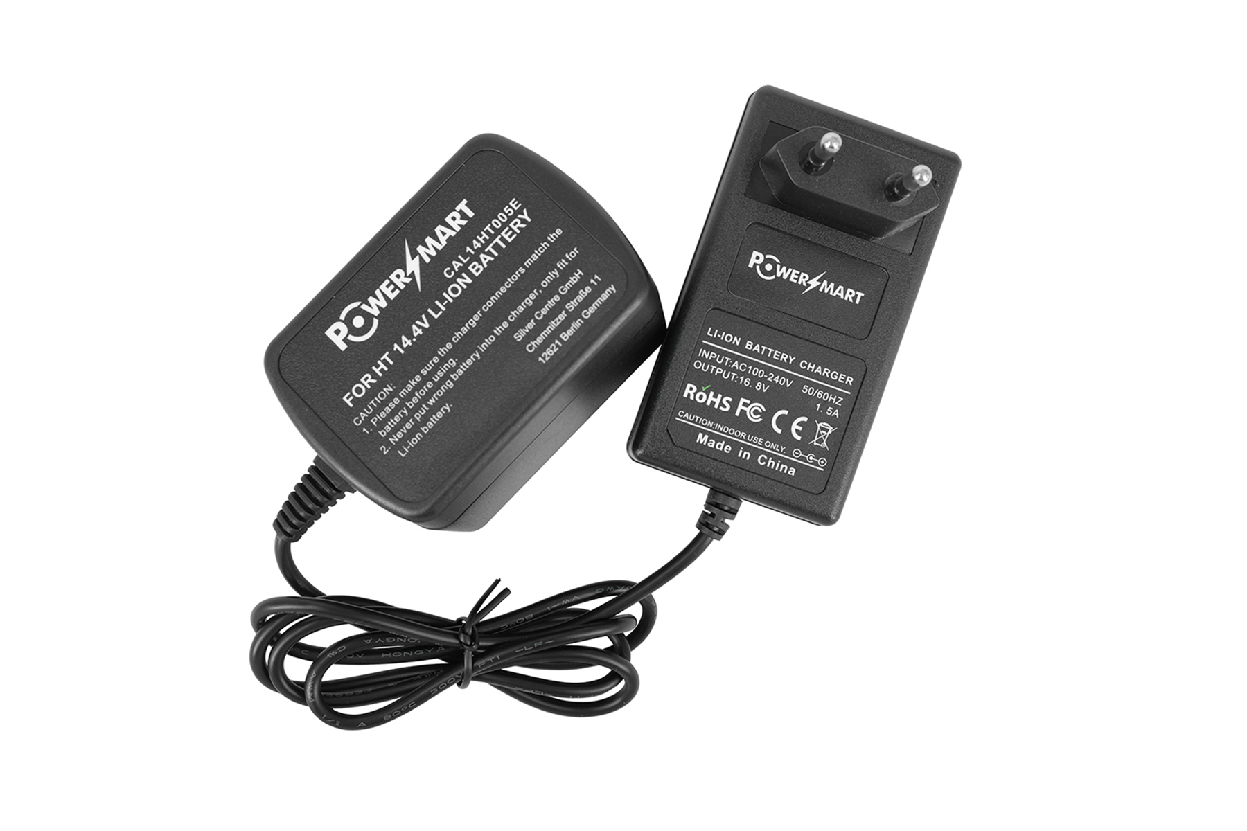 Zwei schwarze Power Mart Ladegeräte. Eins für 14,4V Li-Ionen-Akku, das andere ein Ladegerät.