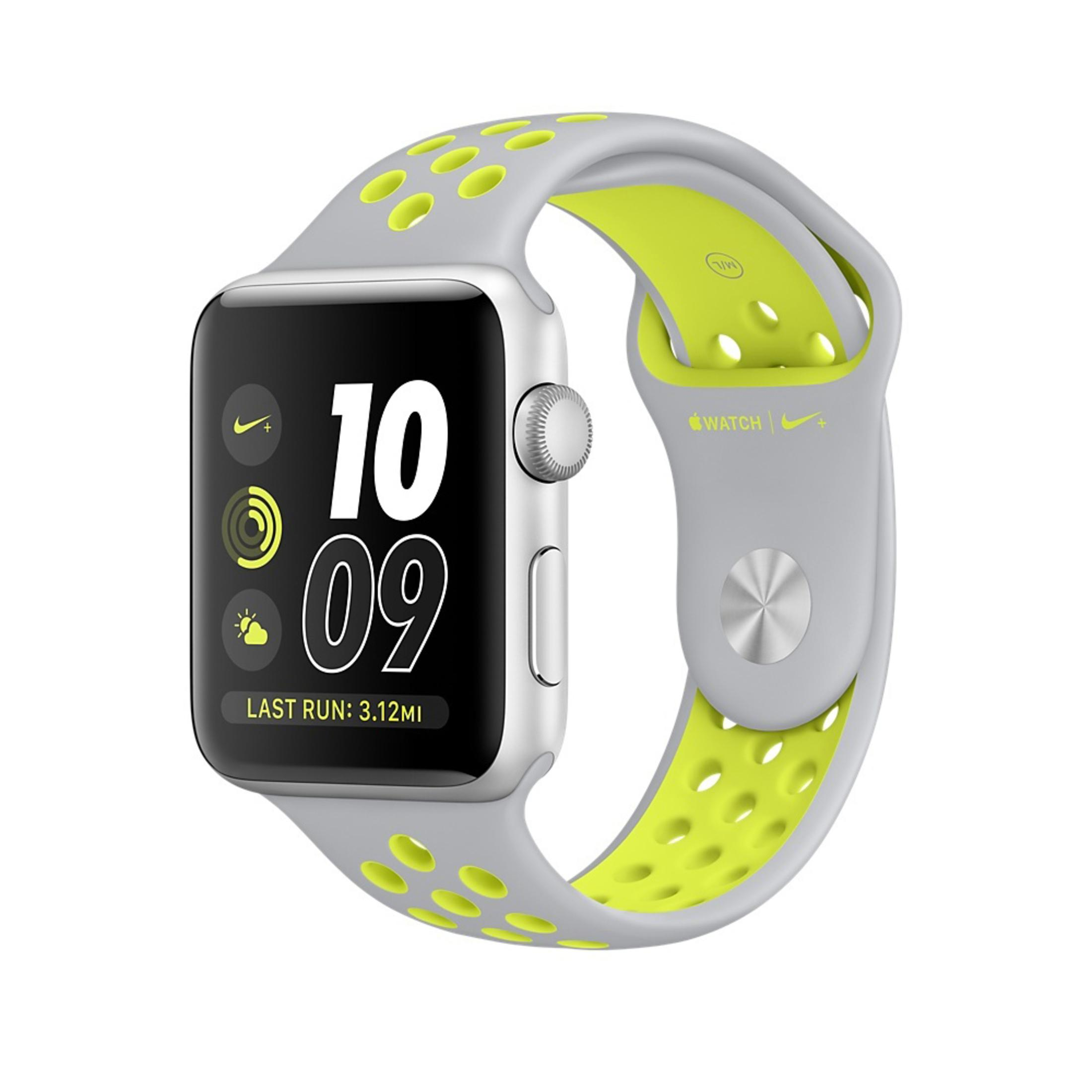 Apple Watch mit grauem und neongelbem Sportarmband, zeigt Zeit und Aktivitätsdaten.