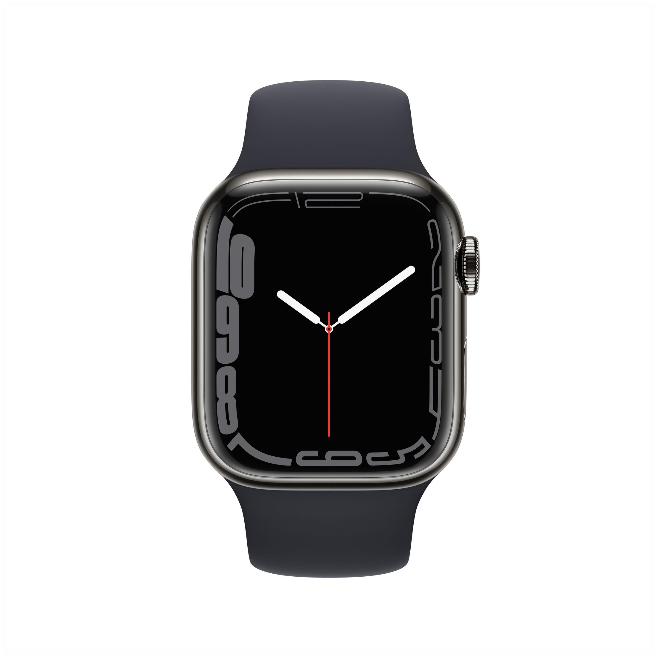 Apple Watch grigio siderale con cinturino sport nero. Il quadrante è nero con lancette bianche.