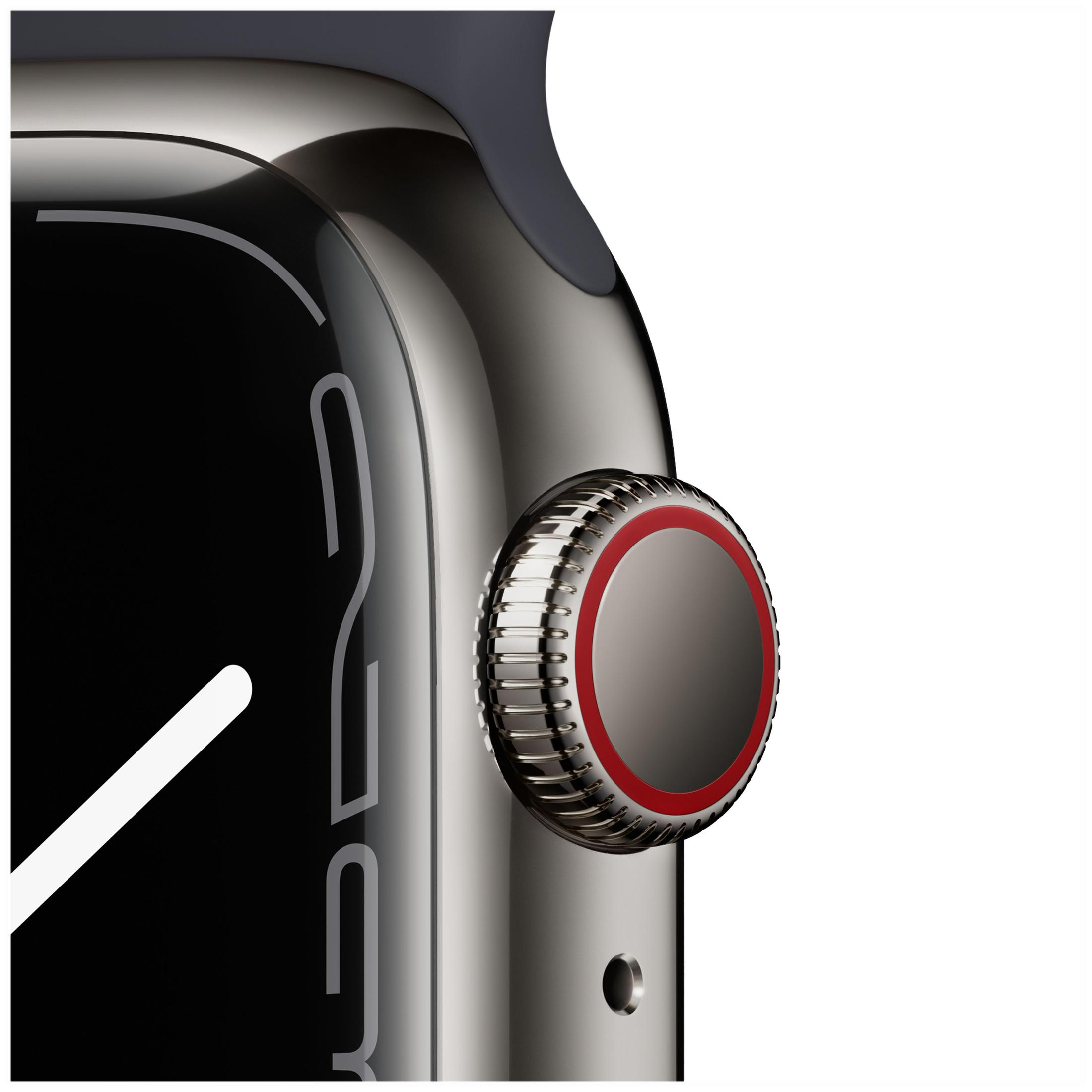 Primo piano del quadrante di uno smartwatch con corona girevole zigrinata e un accento rosso.